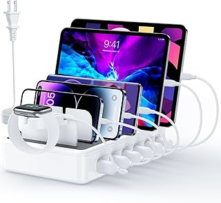 Charging Station for Multiple Devices, 50W 6 Ports Multi Charger Station Charging Dock with Groove Design and 6 Mixed Charging Cables for iPhone, iPad, Kindle, Tablet, Cellphone and Others