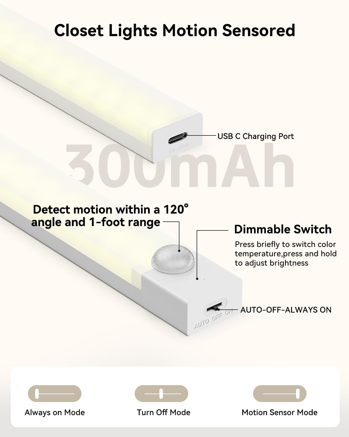 Iluminación para debajo del gabinete, luz recargable con sensor de movimiento de 8 pulgadas para interiores, 3 colores regulables, funciona con pilas, USB Stick en luces LED magnéticas debajo 3
