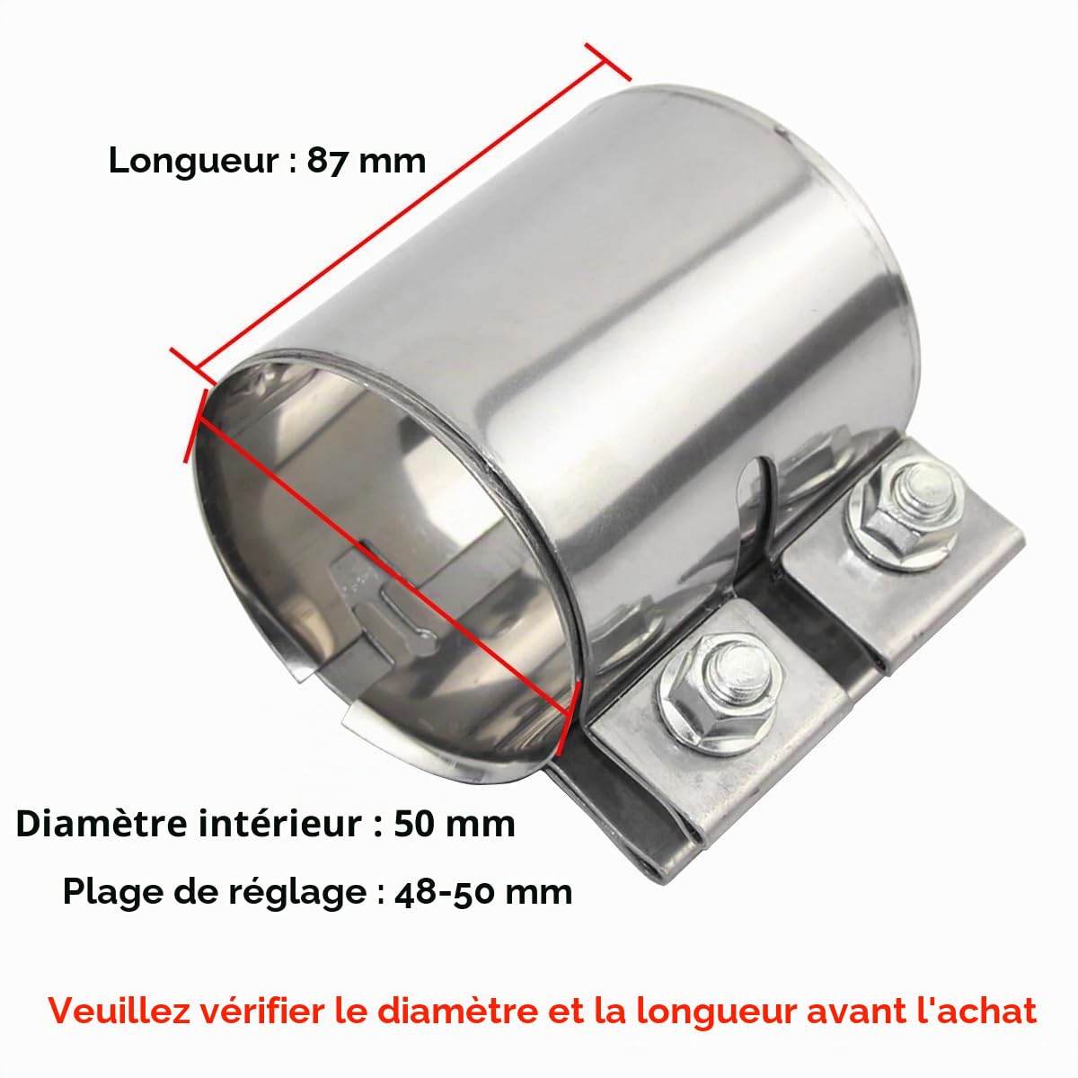 Connecteur de Tuyau Collier D'échappement 50mm Bande Tuyau D'échappement Acier Inoxydable Collier de Serrage Double D'échappement Manchon Raccord Longueur 87mm