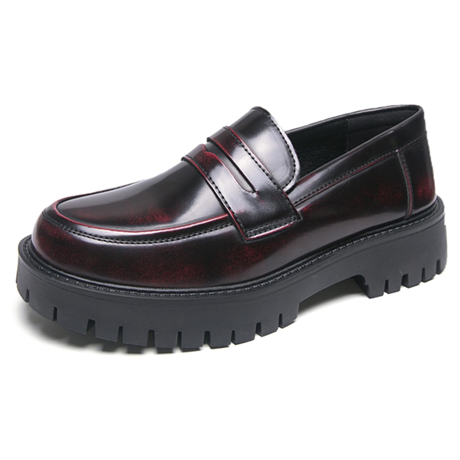 Men's Leather Platform Penny Loafers, Retro Round-Toe Lug Sole Non-Slip Slip-On Dress Shoes, Suitable for Business Work and Parties