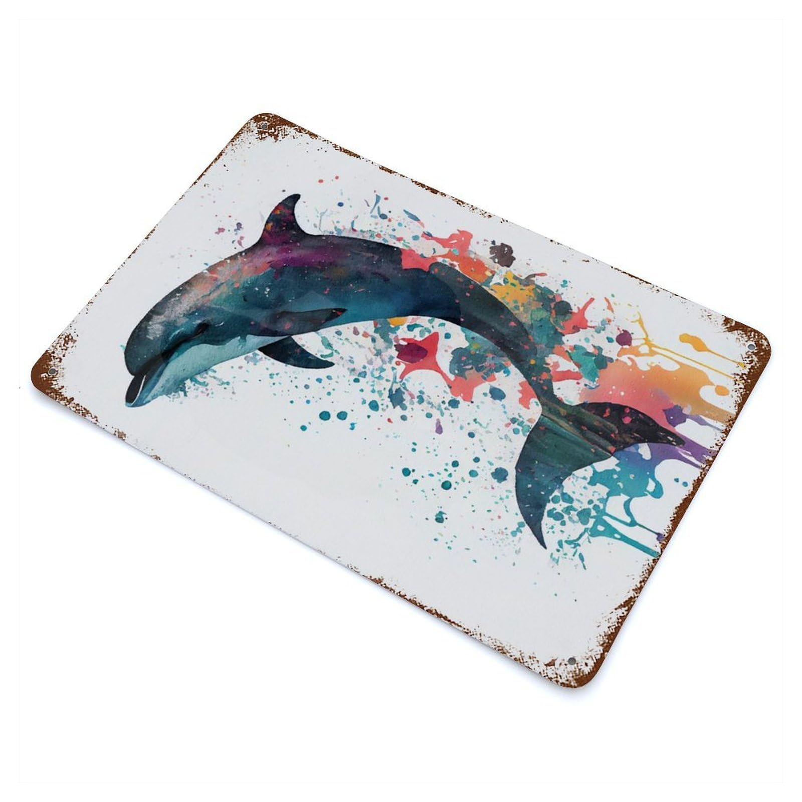 Distressed Metal Wall Sign with Dolphin Watercolors Design 11.8"x7.9", for Cafe, Home Bar And Lounge Decor, Retro Wall Decor