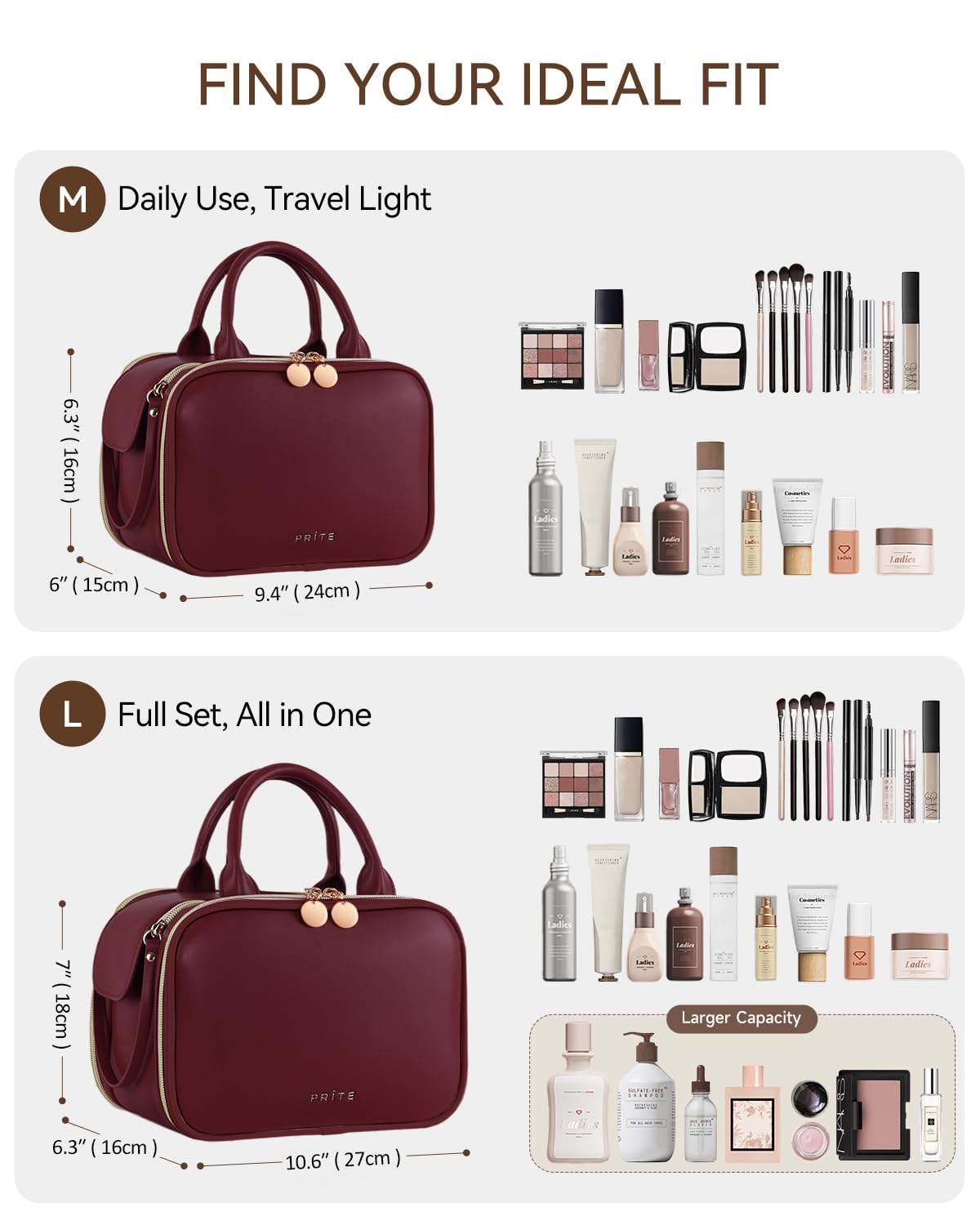 Prite Beauty case da donna, grande capacità, impermeabile, da viaggio, borsa da toeletta aperta e piatta, con supporto per pennelli e manico autoportanti, Borgogna, Large, moderno