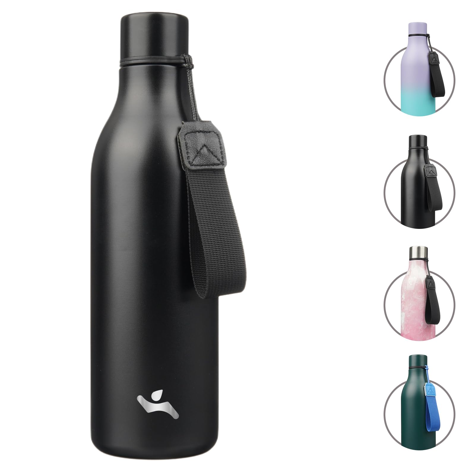 Insulated Water Bottle with Strap 25 oz Double Wall Stainless Steel Vacuum Bottles Metal Water Flask Black