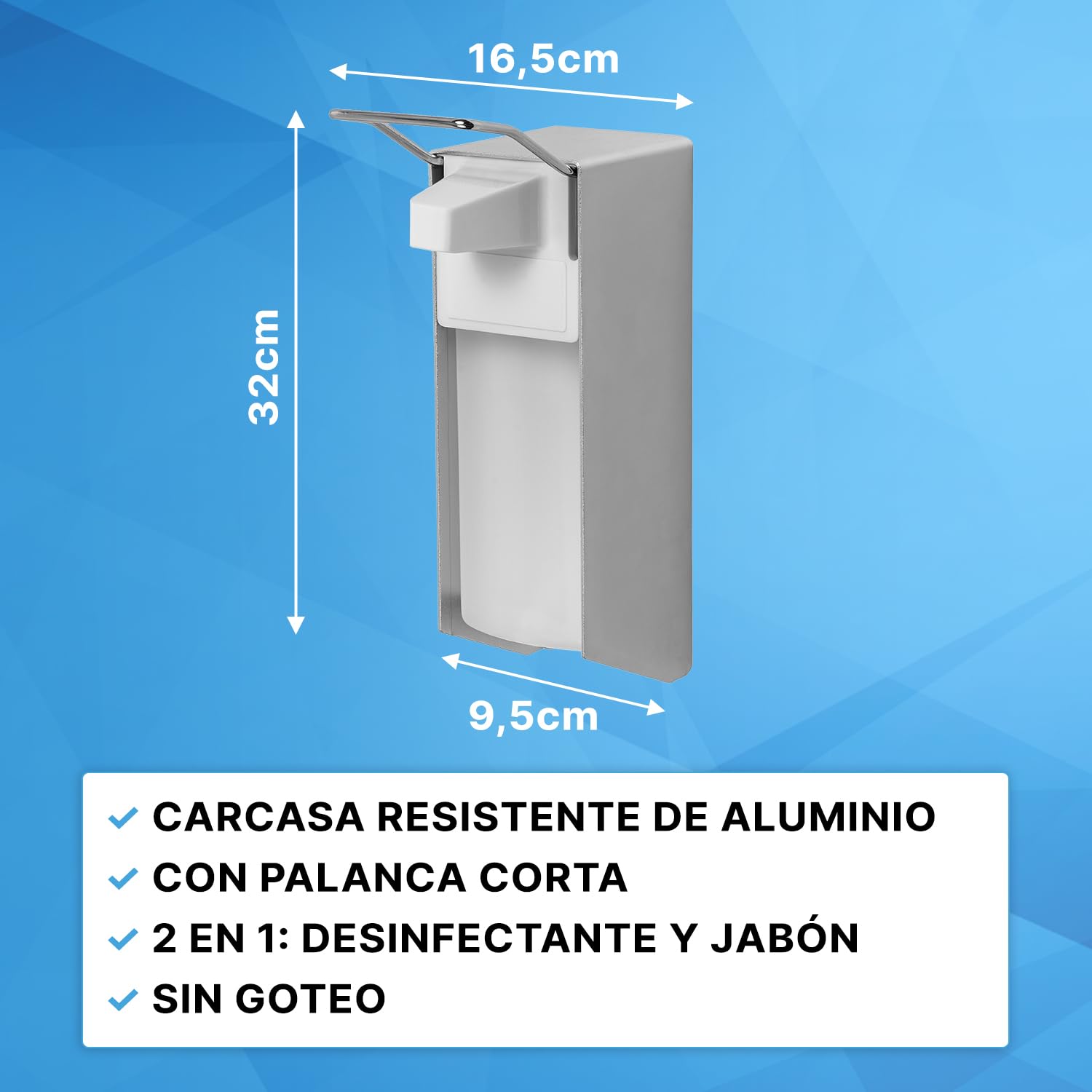 ARNOMED 2 dispensador de desinfectante con Bandeja Goteo, dispensador de jabón de Aluminio para 1000ml, dispensador de jabón para Montaje en Pared con Palanca Corta, eurodispensador de desinfectante