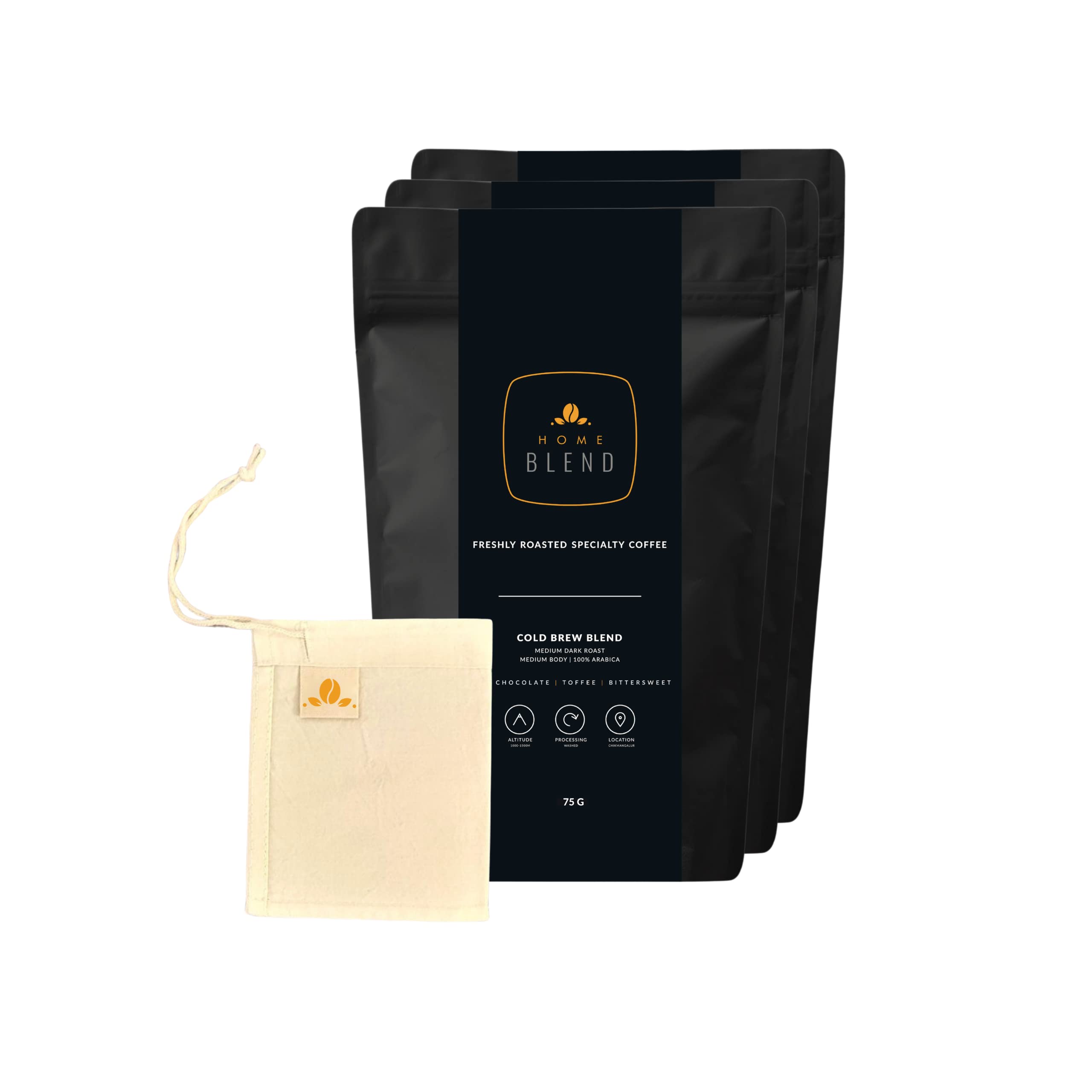 Coffee Roasters - Cold Brew Blend + Free Reusable Brew Bag Combo - Pack of 3 x 75 grams - Makes 15 Cups