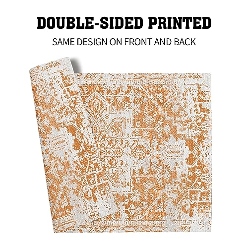 Image of Gray Orange Boho Placemats Set of 4 Ethnic Bohemian Carpet Place Mats Washable Kitchen Dining Vintage Grey Geography Floral Linen Table Mats Stain Heat-Resistant Cloth Tabel for Home Party 12x18 in