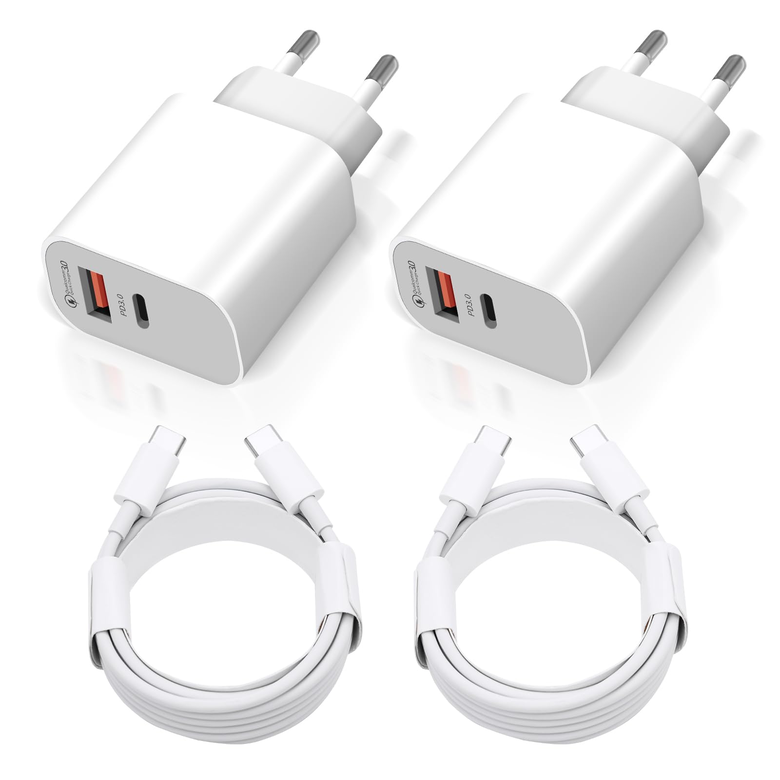 Pack of 2 USB C Chargers, 20 W 2-Port USB C Power Supply with 2 x 1.5 m Cable for iPhone 16/15/iPhone 15 Plus/iPhone 15 Pro/iPhone 15 Pro Max/iPad and More, Quick Charger Mobile Phone Plug Charger