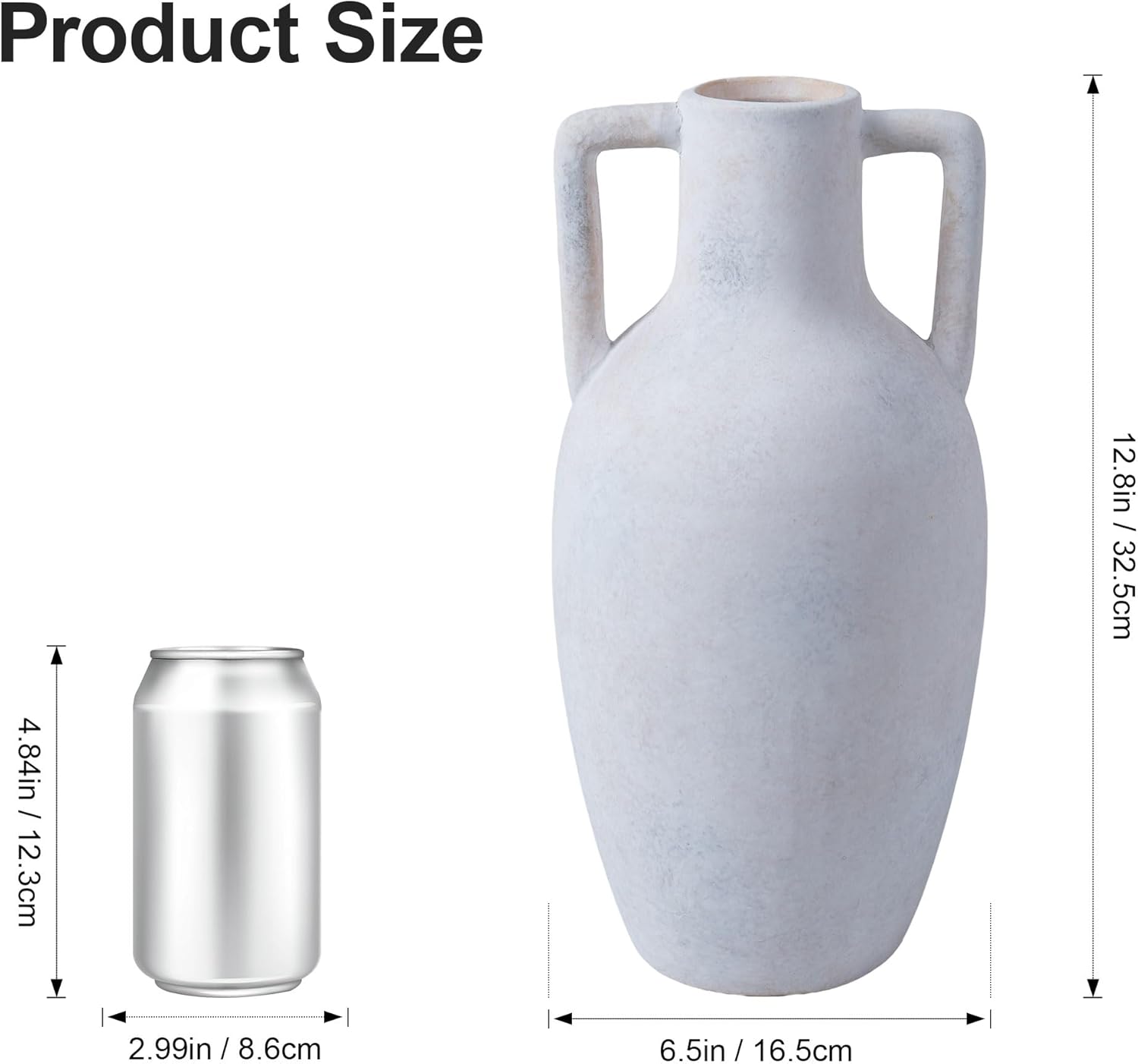 Flower Vase with Handles, 12.8 inch Tall Ceramic Vase Farmhouse Rustic Vases Decorative Pottery Vases for Home Decor Living Room Table Bookshelf Centerpiece Bouquet Wedding Fireplace (White)
