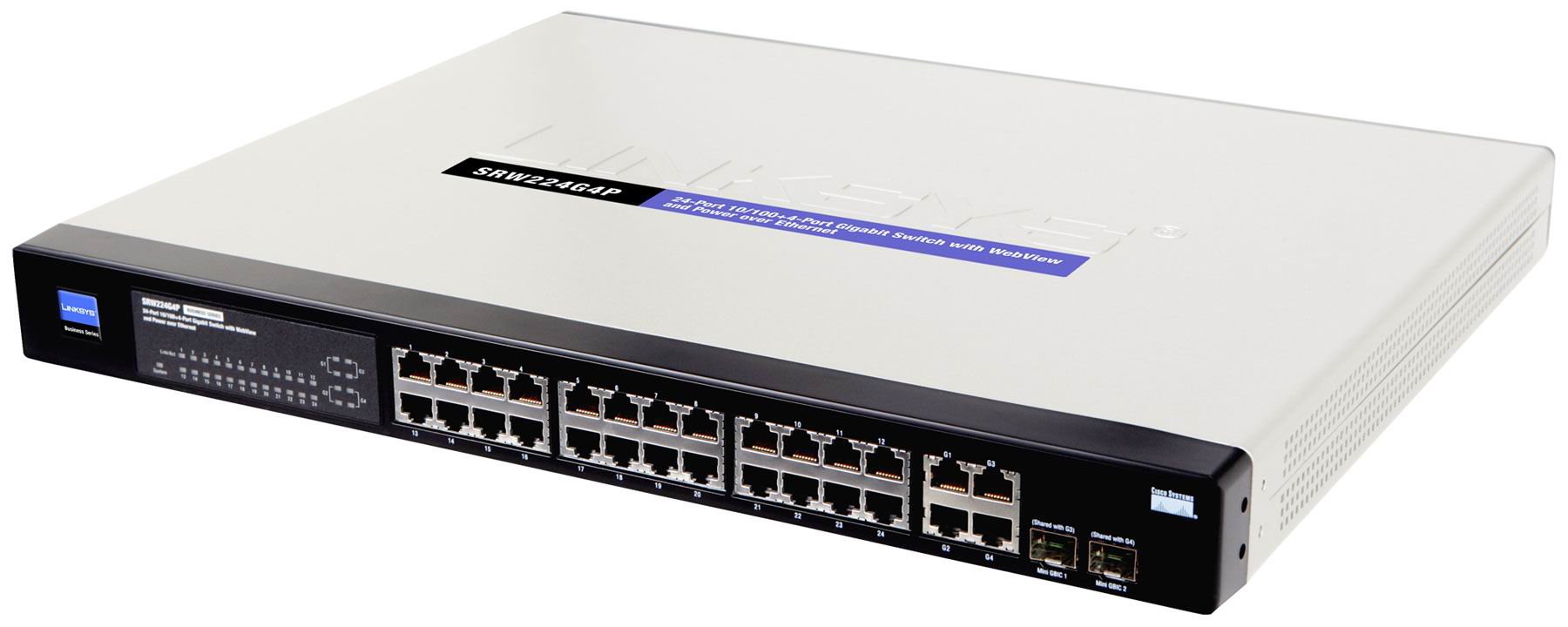 Linksys 24-port 10/100 + 4-Port Gigabit Switch with WebView and Power over Ethernet SRW224G4P Commutateur 24 ports EN, Fast EN 10Base-T, 100Base-TX + 2x1000Base-T/SFP (mini-GBIC) (uplink), 2x1000Base-T (uplink) 1U montable sur rack