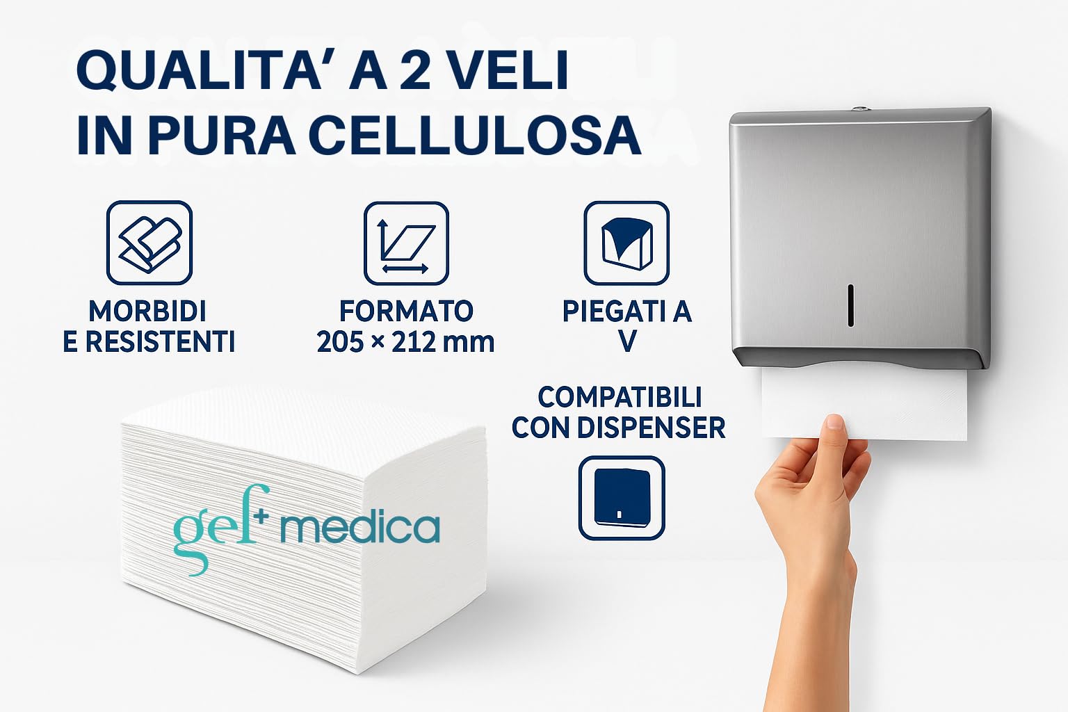 gef + medica Asciugamani Piegati a V 2 Veli in Pura Cellulosa, 200 fogli x 15 confezioni (3.000 fogli) - Compatibili Dispenser a Muro, Prelievo Facile dal Pacchetto, Confezione da 2