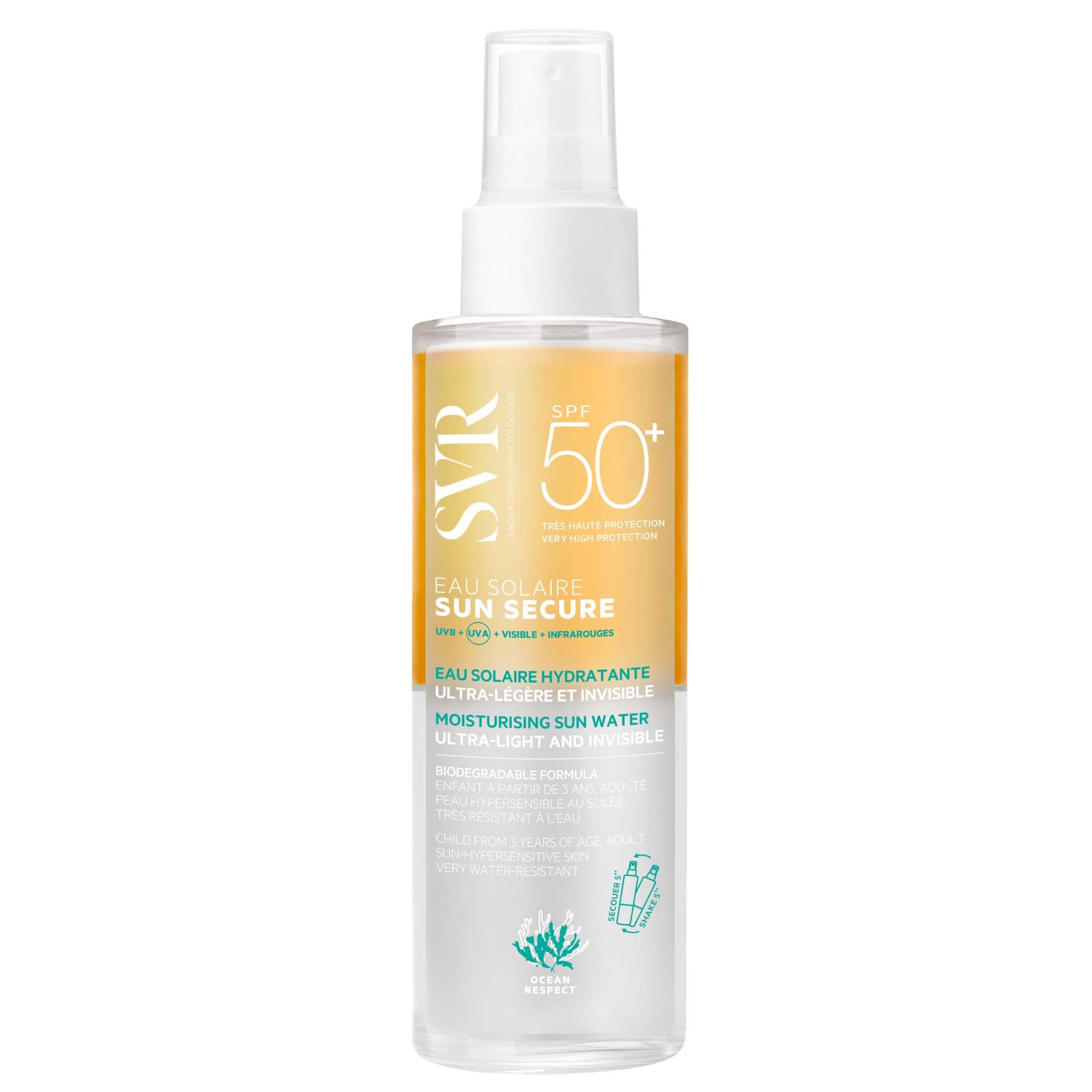 SVR - Sun Secure Eau Solaire SPF50+ - Zweiphasen-feuchtigkeitsspendendes Sonnenspray – Sehr hoher Schutz vor UVA, UVB, sichtbarem Licht & Infrarot – Empfindliche Haut – Niacinamid, Vitamin E – 100 ml