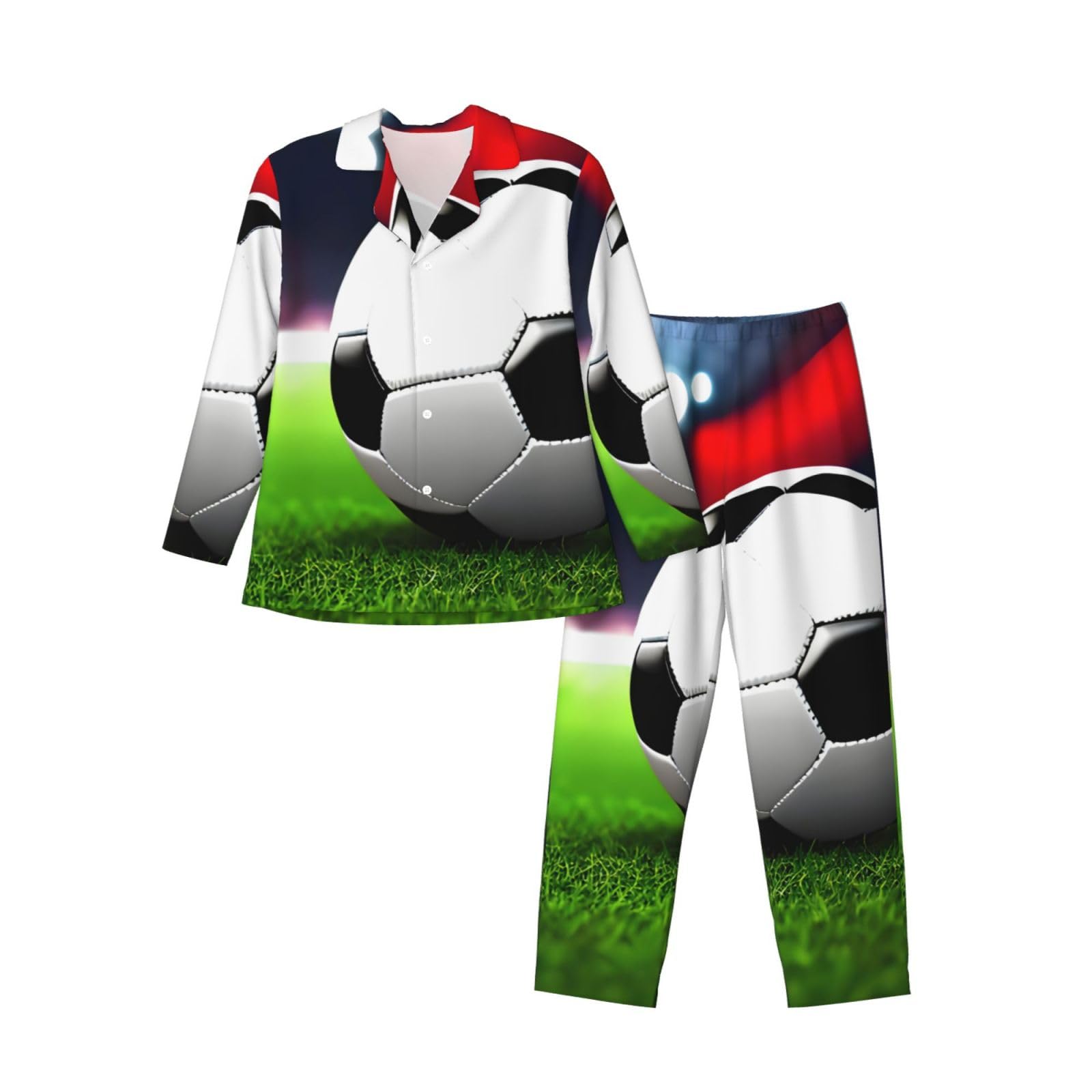 Conjunto de pijama de manga larga con estampado de balón deportivo de fútbol para hombre, ropa de dormir de dos piezas, ropa de dormir transpirable