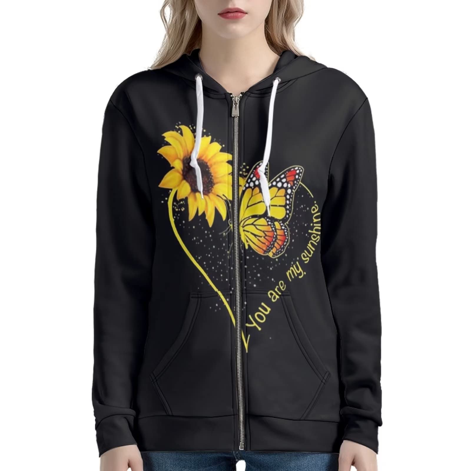 Bluza z kapturem zapinana na zamek błyskawiczny damska odzież dla nastolatek estetyczna bluza kurtki płaszcz cienki XS-5XL, Słonecznik motylkowy, S