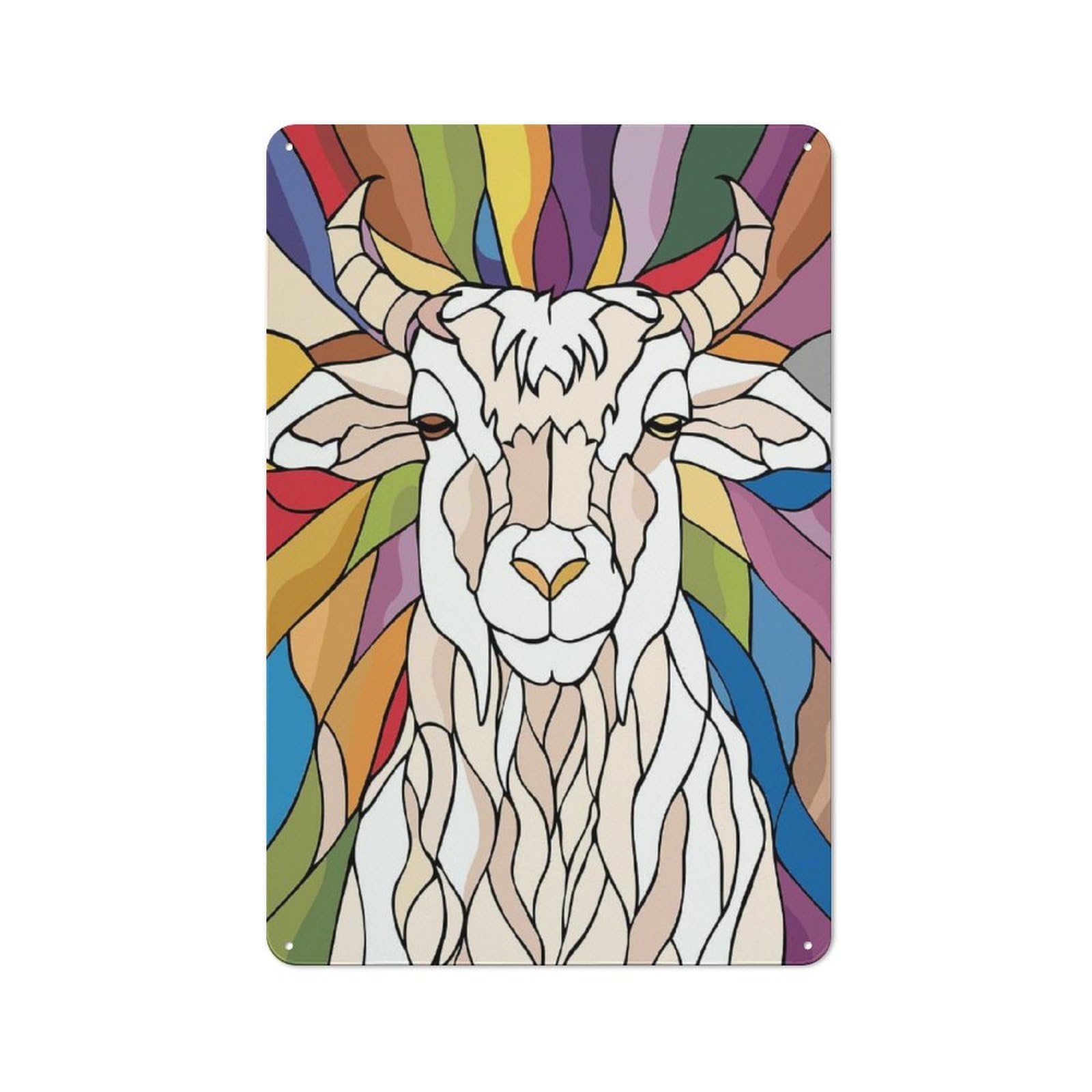 Junmoney Style-22 Metal Wall Sign 30X20cm Featuring Stained Glass Goat Portrait For Workshop Wall, For Room Styling Across Workshops And Hobby Rooms