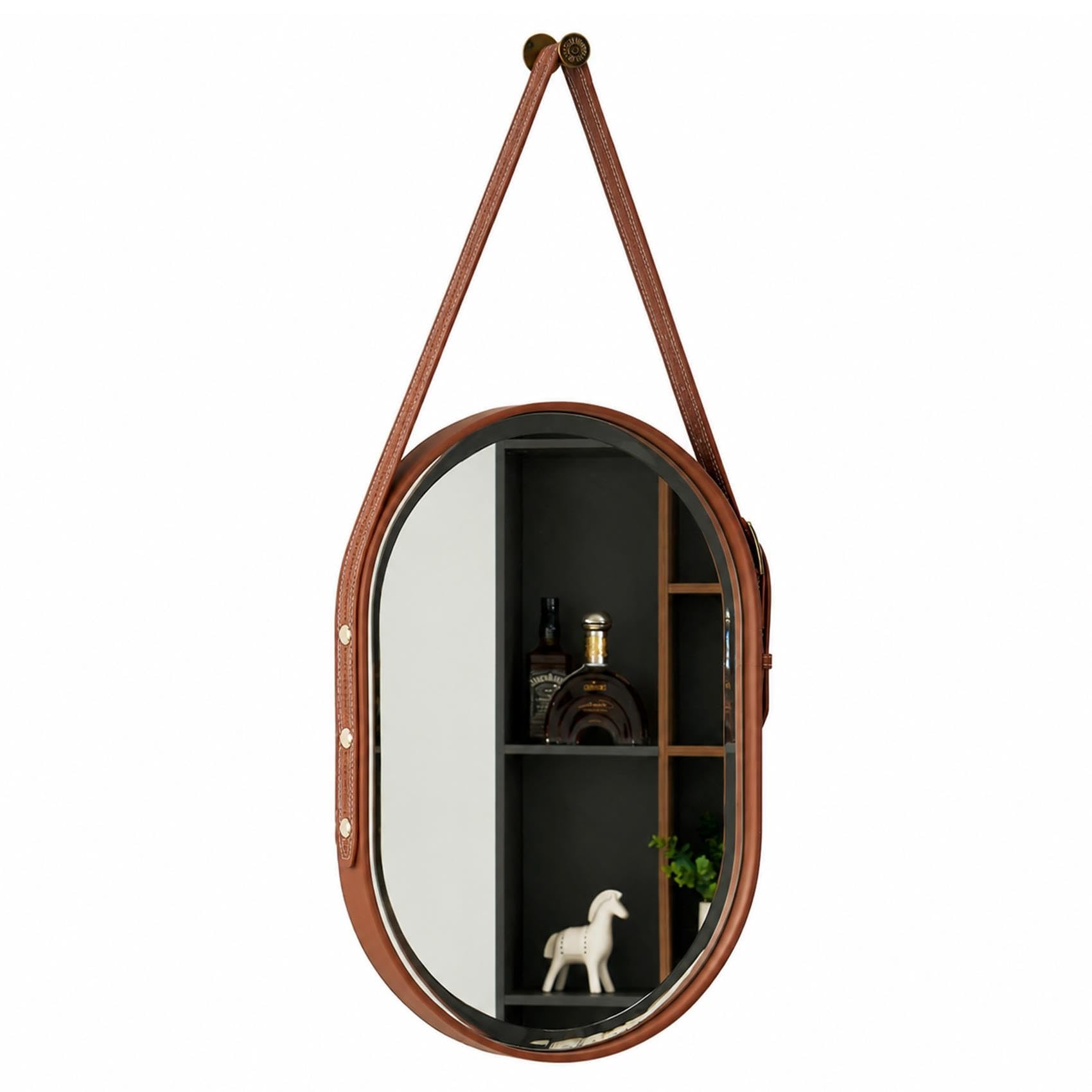 Specchio Cintura Pelle Specchio da Parete Ovale Bagno Ingresso Rivetti