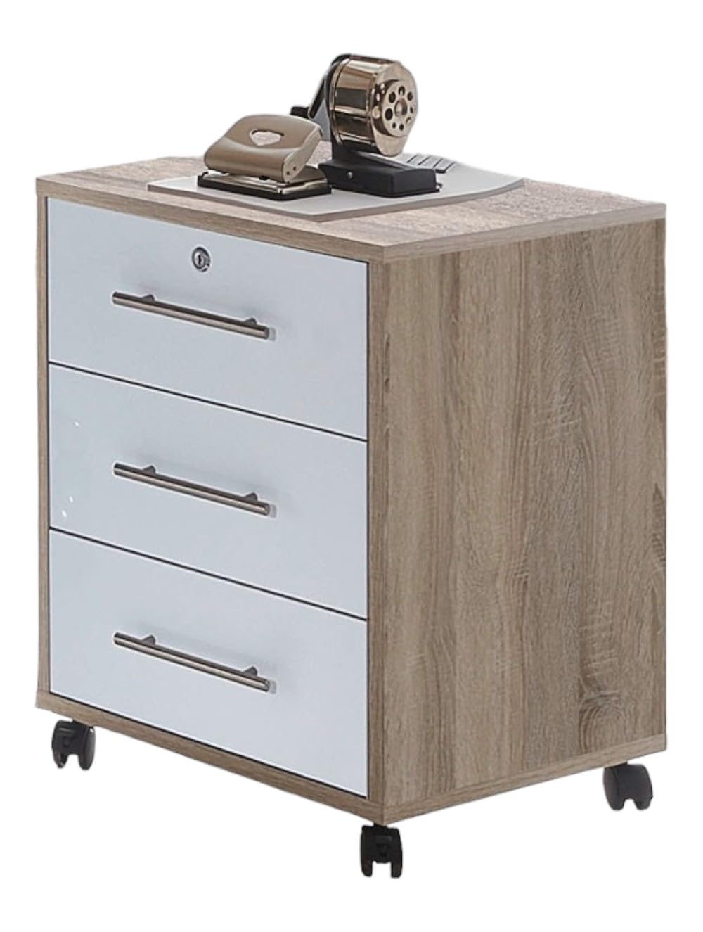 moebel-dich-auf Büromöbel Set Komplett TABOR 3 mit Schreibtisch, Rollcontainer, Aktenschränken & Regal – Büro Komplettlösung Korpus Eiche Sonoma Front weiß Hochglanz