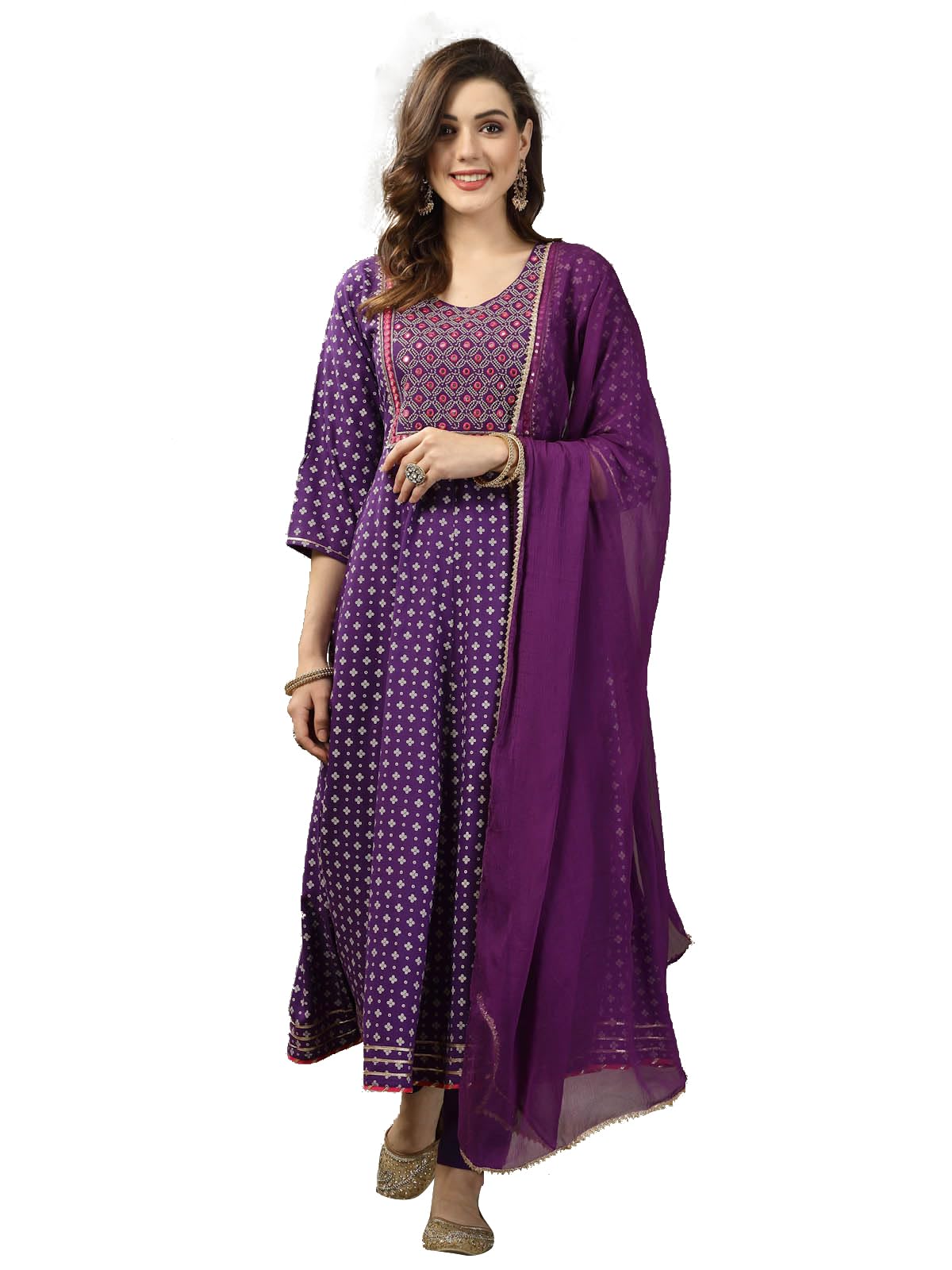 Stylum Women's Bandhej Printed & Embroidered Rayon Anarkali Kurta Pant Dupatta Set (Kpdvoiltrisha40_Violet, L)