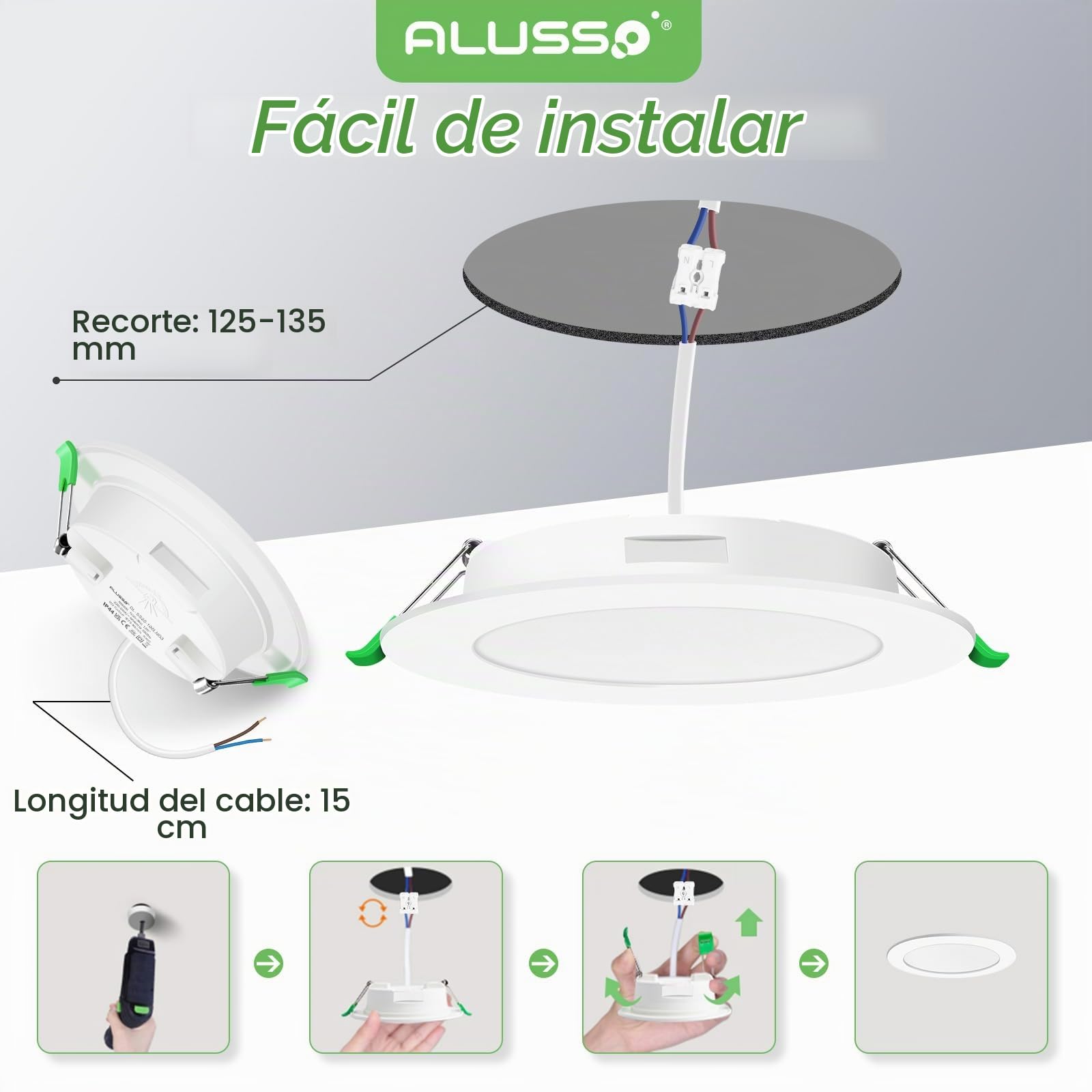 ALUSSO Downlight LED Techo Empotrable, 10W IP44 Focos LED Interior Techo Empotrado 3000K Blanco Cálido, Ultradelgado 30mm, φ125-135mm, Ojos de Buey LED para Techo Baño Salón, Paquete de 6 | Ultrafino 30 mm, corte de 125 a 135 mm, integrado AC220 – 240 V,