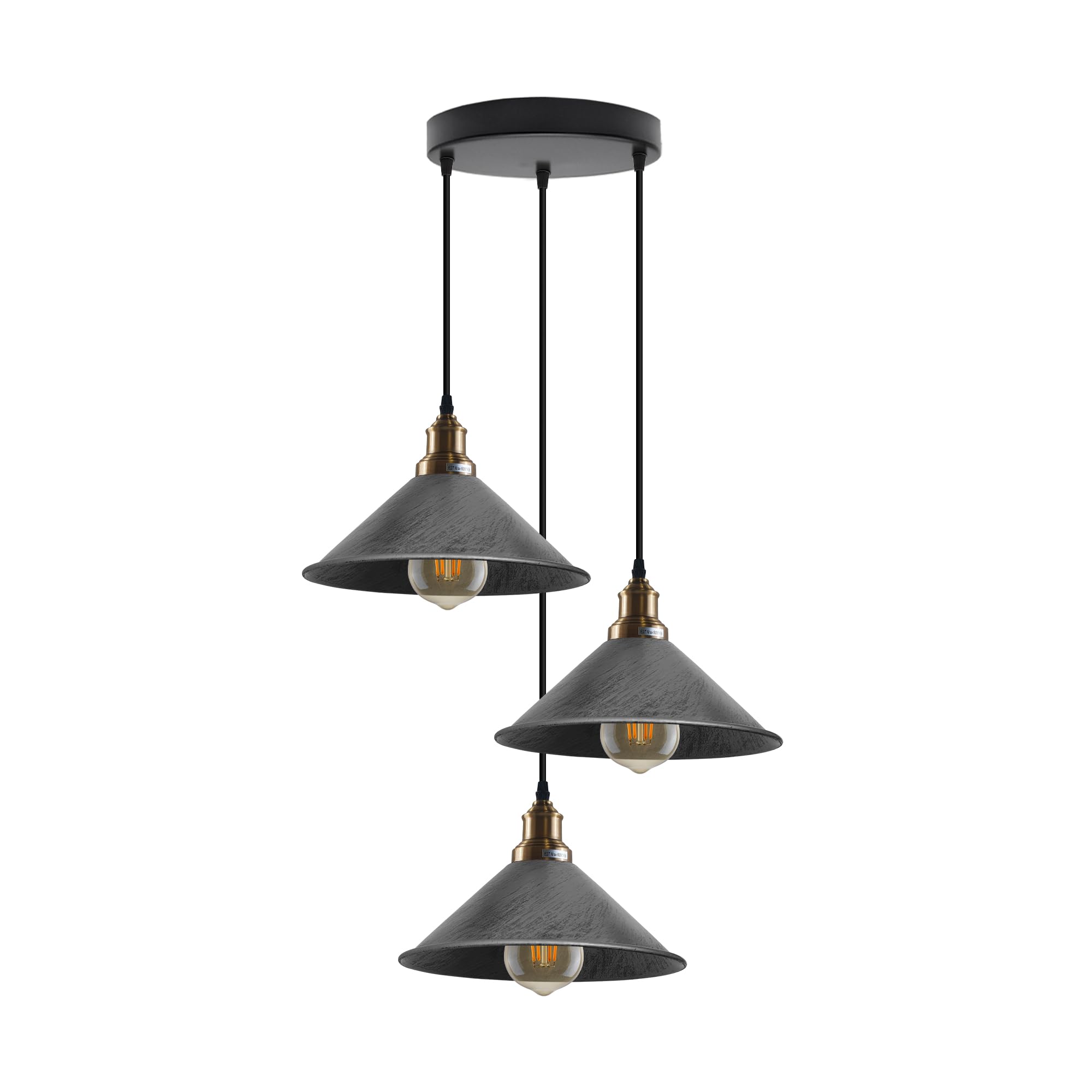 LEDSone Industrial 3 Head Ceiling Cone Shade Pendant Light Kitchen Restaurant Bar Balcony Hanging Pendant Light (Brushed Silver, with Bulb)