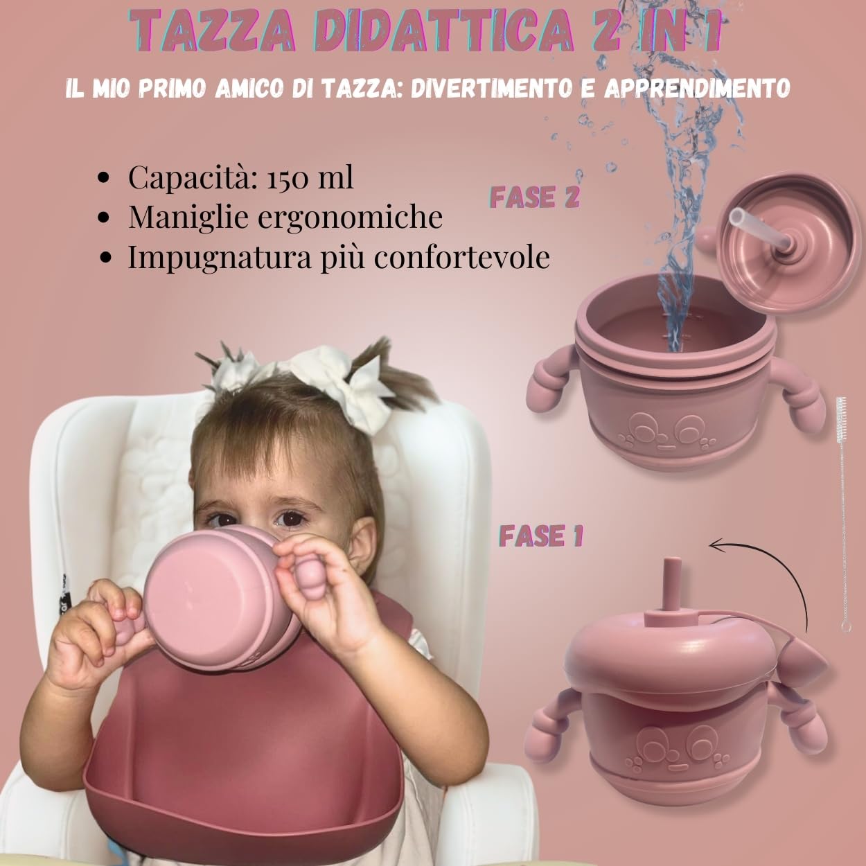 FlexiTot | Set prima pappa svezzamento – Cucchiaio silicone, bicchiere, contenitore frutta, piatto con ventosa, babero impermeabile, ciotola antiscivolo, accessori BLW | 6+ mesi | Rosa |Senza BPA