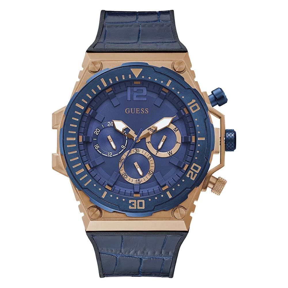Guess Men's Blue Venture Leather Rose Gold Tone Quartz Watch Gw0326g1