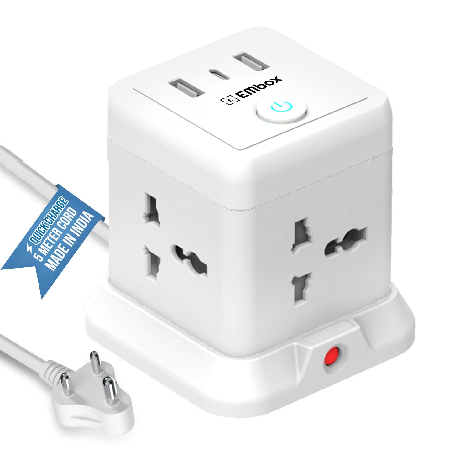 EMBOX Cube Extension Board 5 Meter Cable Type C USB | (2.4 A) (QC 3.0) Universal Sockets 2500W Extension Board with Switches Safety Shutter & Overload Protector