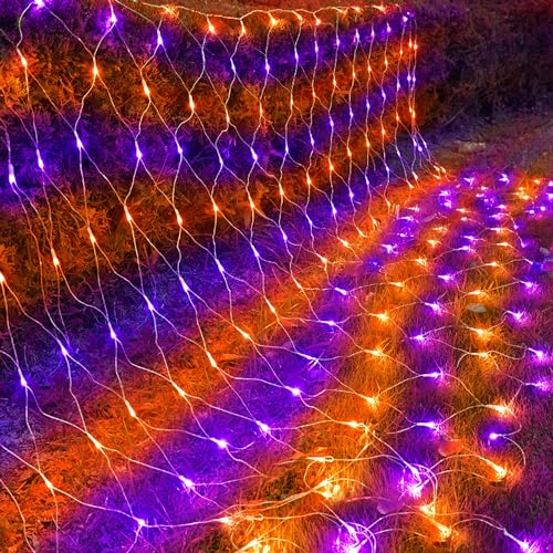 kemooie 198 LED Halloween Lights, 9.8FT x 6.6FT Net Light, Connectable 8 Twinkle Modes Mesh Lights for Garden Patio Halloween Decorations (Orange and Purple)