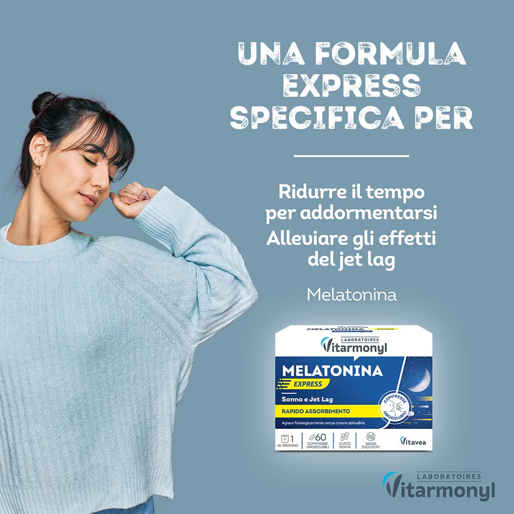 Vitarmonyl Melatonina Express 1 mg - Integratore per Sonno e Jet Lag - Compresse Orosolubili a Rapido Assorbimento - Gusto Menta - Senza Zuccheri - 60 Compresse