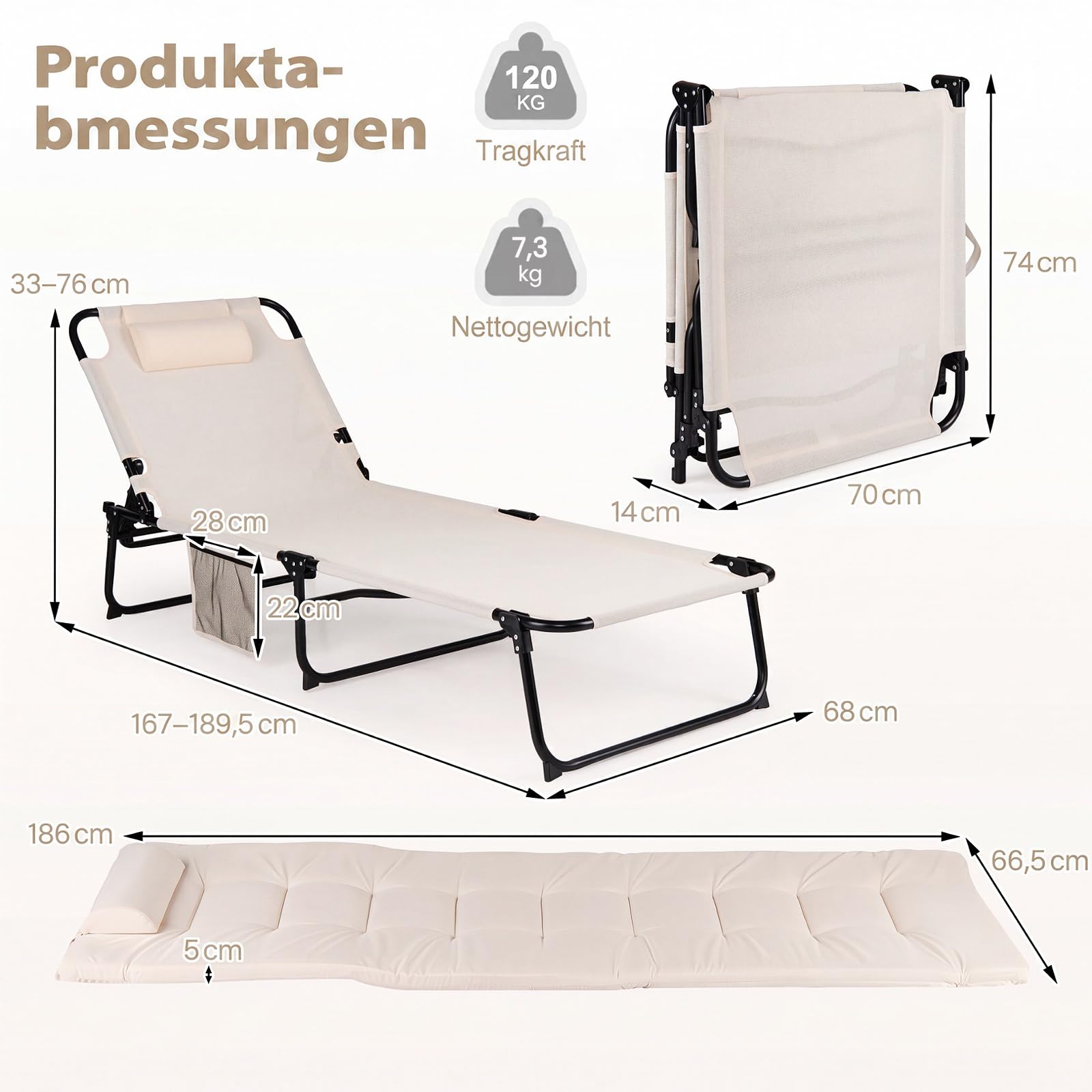 COSTWAY Sonnenliege klappbar, Liegestuhl mit Auflage, Seitentasche, Kopfstütze & Verstellbarer Rückenlehne, Gartenliege, Klappliege, Gästebett, Campingbett, Relaxliege für Garten, Terrasse (Beige)