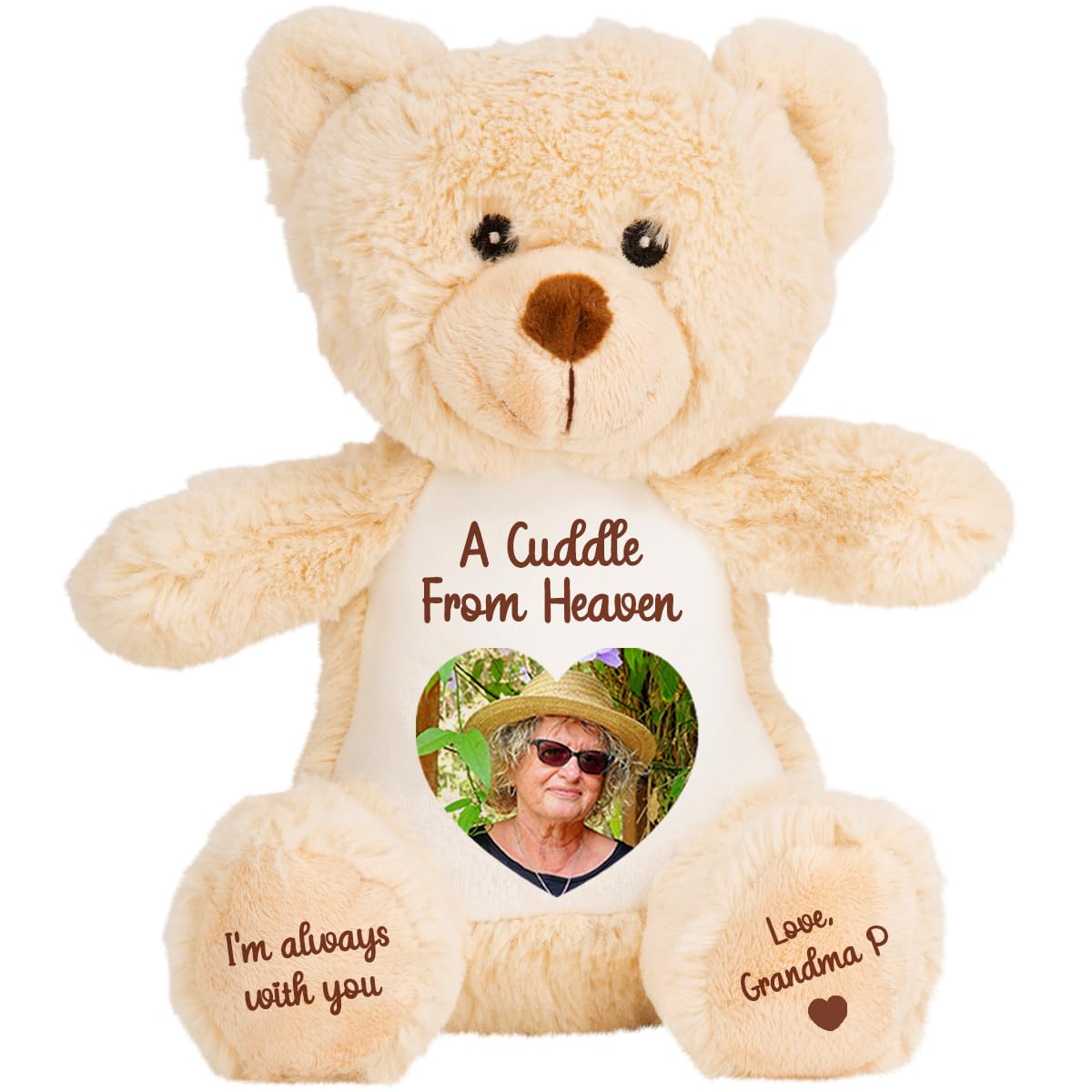 Personalised Memory Teddy Bear with Heart-Shaped Photo – “A Cuddle From Heaven” Keepsake Gift – 28 Bear Styles – Add Your Text & Choose Colour – Custom Memorial Bear (Brown Teddy)