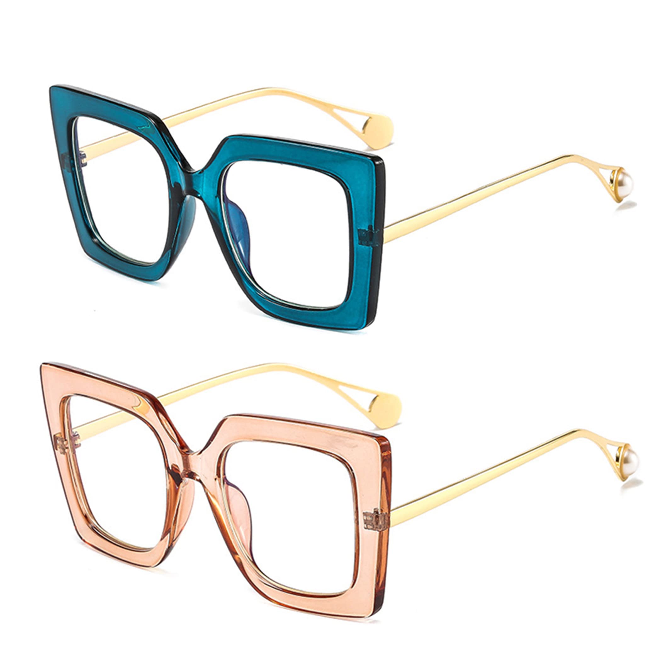 bullabulling Oversized Square Anti-Blue Light Reading Glasses Eyestrain Anti Glare Pearl Studded Arm Cat Eye Fashion Glasses