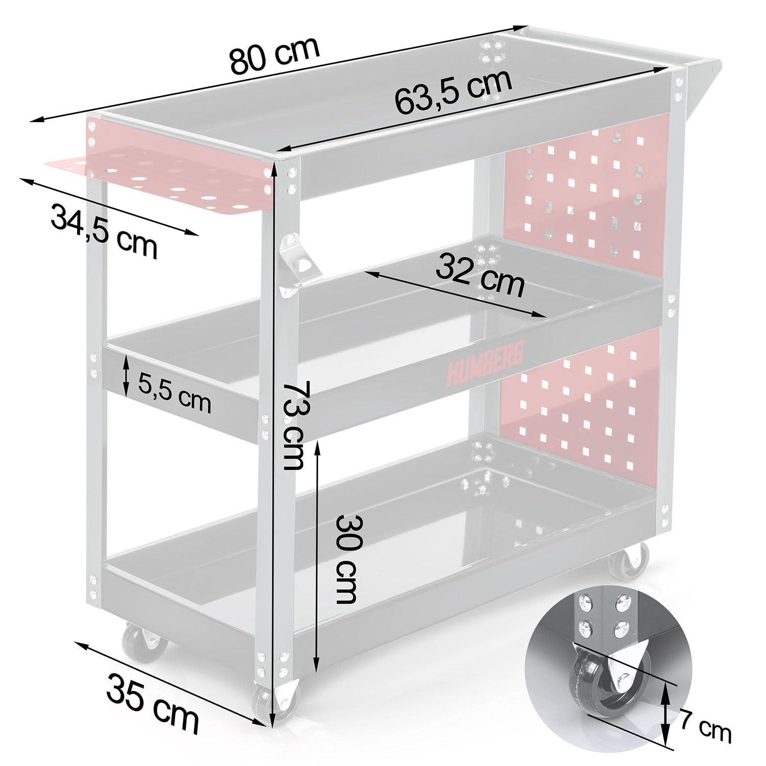 Humberg Carrello portautensili – 3 livelli con 6 ganci – portata fino a 300 kg – acciaio alluminio 80 x 35 x 73 cm