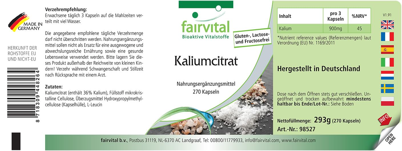 fairvital Citrate de potassium en gélules, HAUTEMENT DOSÉ, 300mg de potassium par gélule, VÉGÉTALIEN, Potassium Citrate, 270 gélules