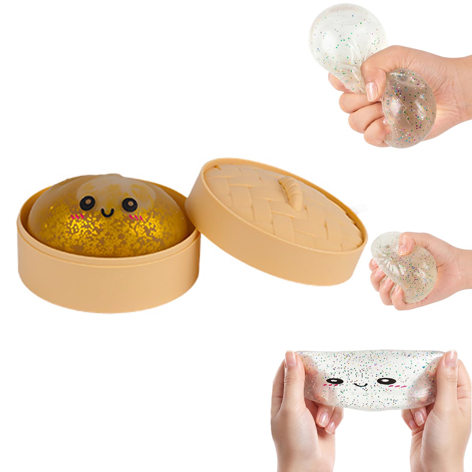 Squishy Glitter Dumpling Toy - 1 PC Bao Bun Squishys with Steamer Box, Squishy Dumpling Toys, Squishys Fidget Toys, Portable Stress Relief Squeezing Toy for Anxiety Stress Relief (Glod）