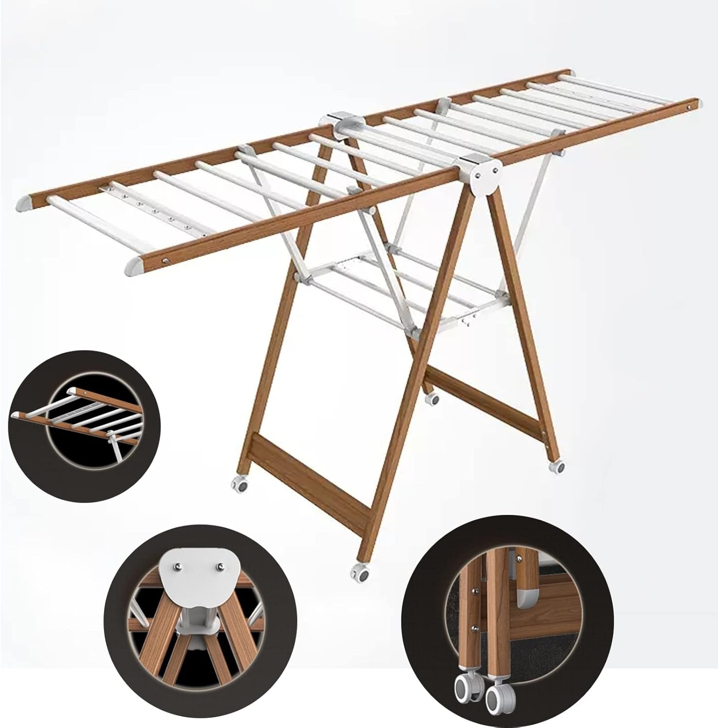 Portable 2-Tier Clothes Drying Rack - Foldable Space-Saving Garment Airer with Casters, Solid Wood & Aluminium Construction, Ideal Laundry Solution for Efficient Drying