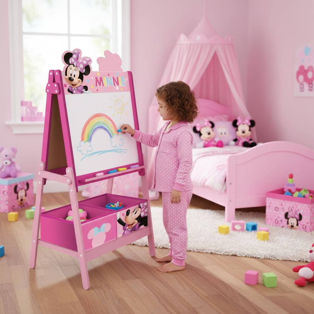 ARDITEX - Pizarra infantil de Disney Minnie Mouse con doble superficie para uso de tiza y rotulador y 2 contenedores textiles para almacenaje - 54x45x117cm - Contenedores de 24x30x15cm - Color rosa