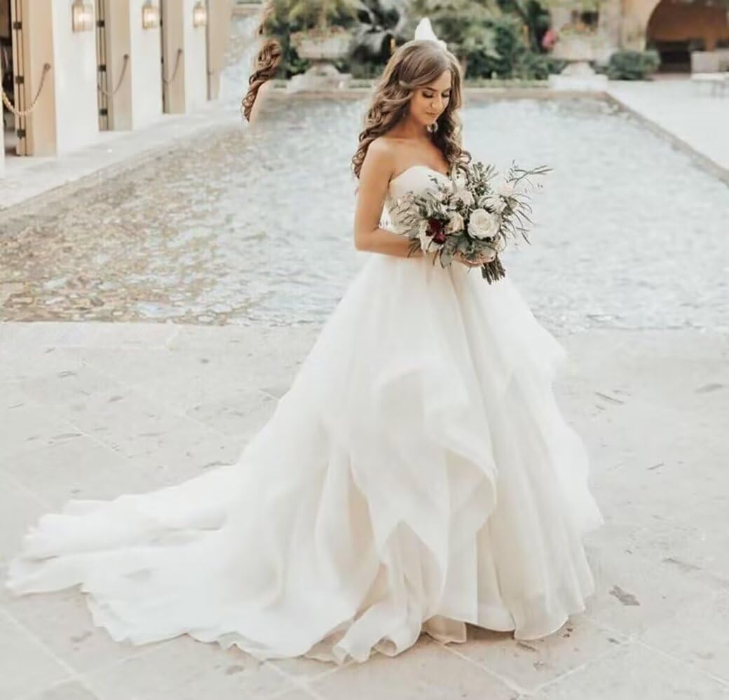 A-line Strapless Layered Organza Wedding Dresses for Bride, Plus Size Ruffled Bridal Gowns with Sweep Train