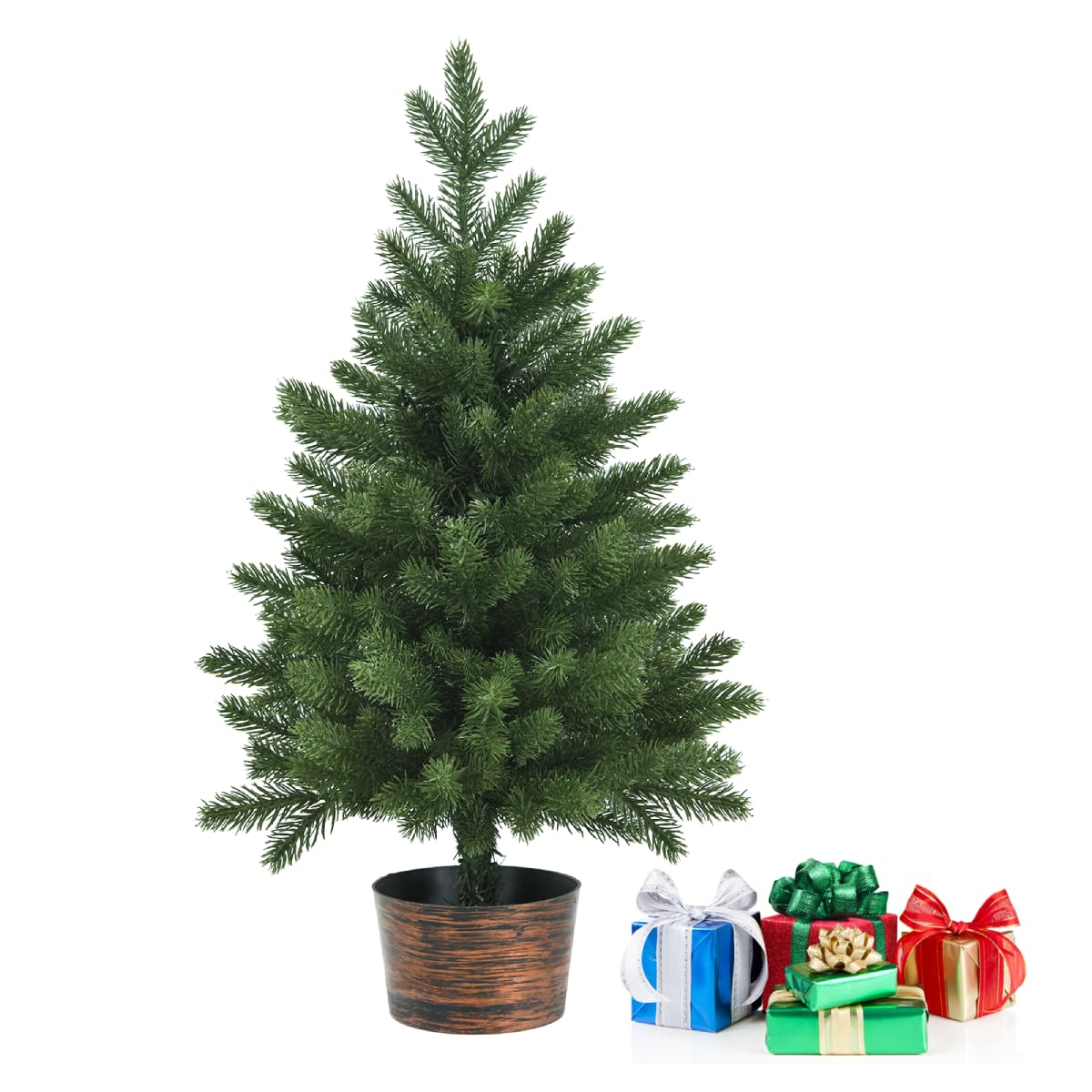 GYMAX 2FT Artificial Christmas Tree, Mini Tabletop Christmas Tree with Base, Fluffy Xmas Decorative Tree for Home, Office, Shop(Green Without Pine Cone)