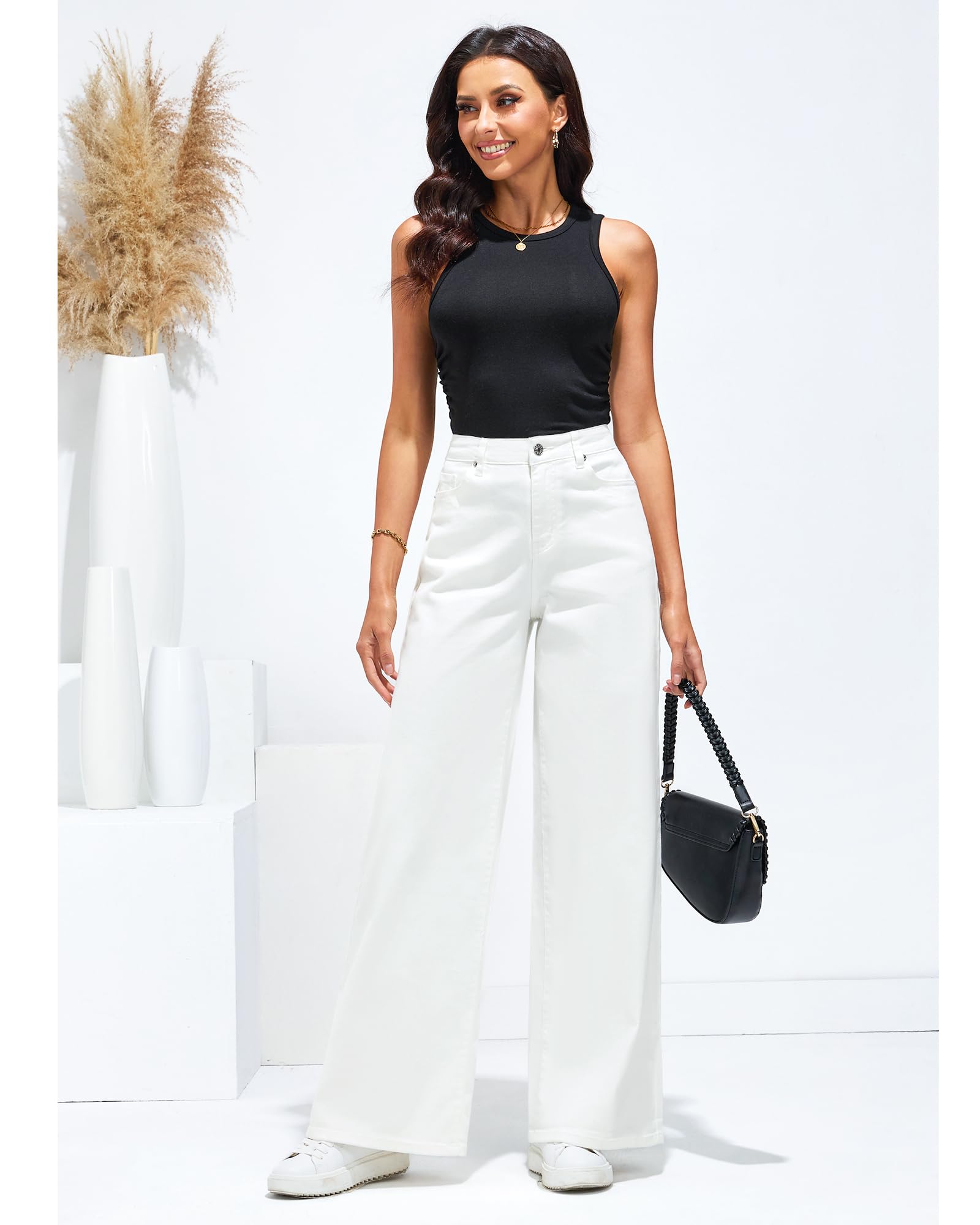 Roskiky Wide Leg Jeans Damen High Waist Stretch Denim Pants 90S Baggy Jeans Hosen Damen Jeans mit Taschen