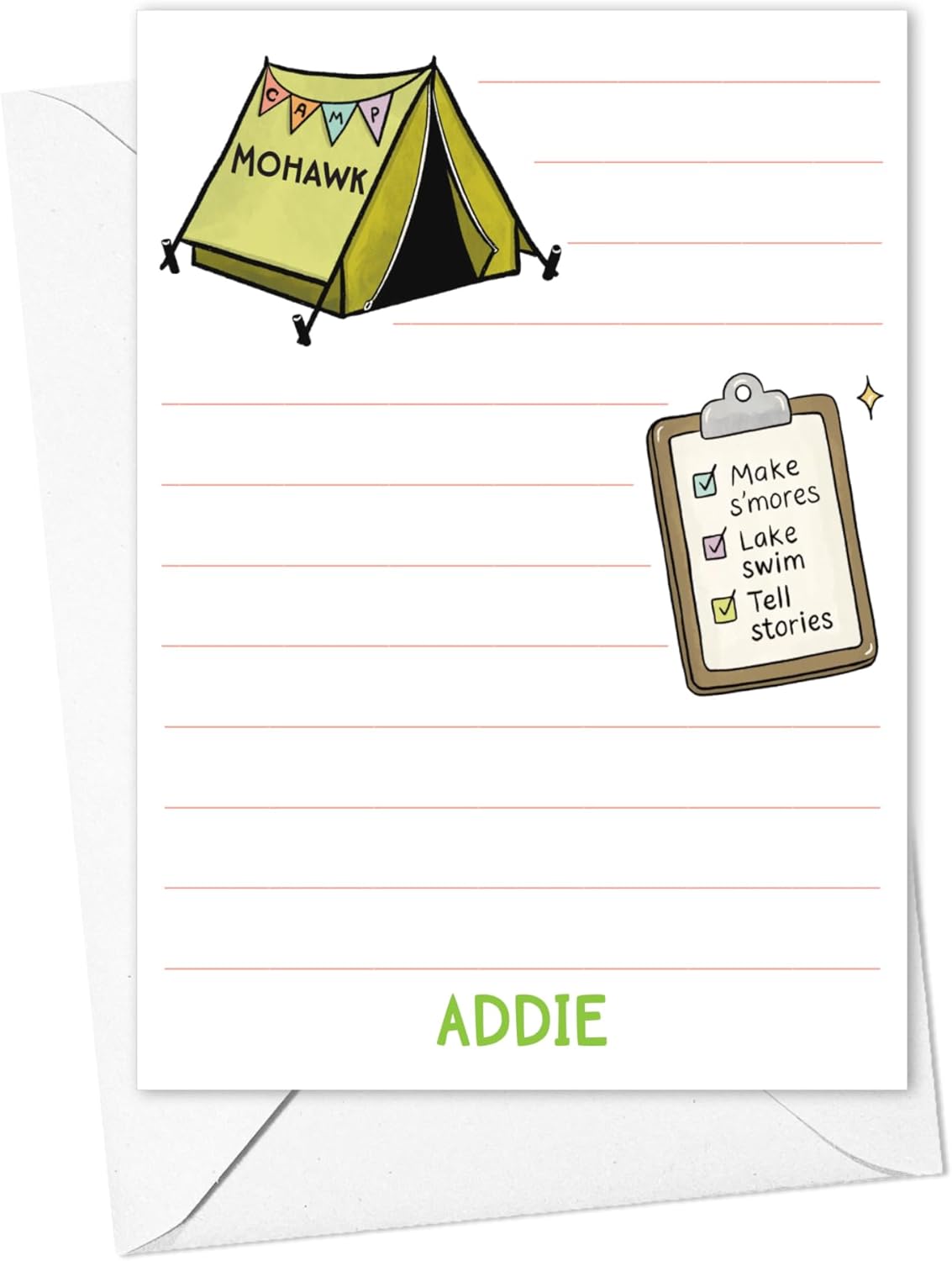 Hello From Camp Stationery for Kids, Personalized Lined Note Cards for Campers to Send Home From Summer Camp, News From Camp, Set of 10 Cards and Envelopes (Boys Hello)