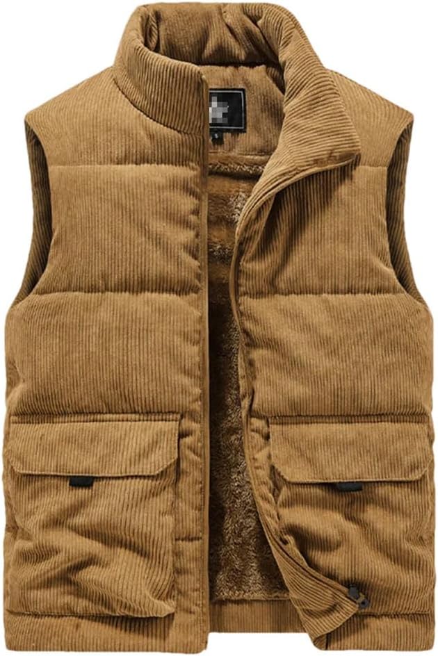 Winter Wool Vest Men Cotton Padded Warm Jacket Sleeveless Coat Stand Collar Waistcoat Corduroy Outwear