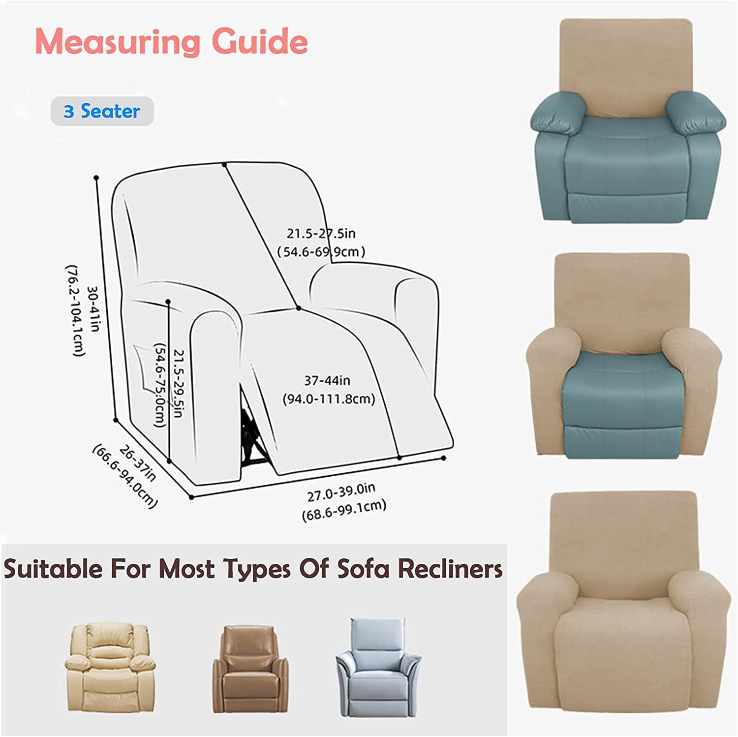 Velvet Recliner Chair Covers, 4-Pieces Stretch Sofa Covers for 1 Seater Reclining Sofa Slipcovers Manual Electric Recliners Couch Covers Pets Kids Children Cats Dogs Furniture Protector (Khaki)