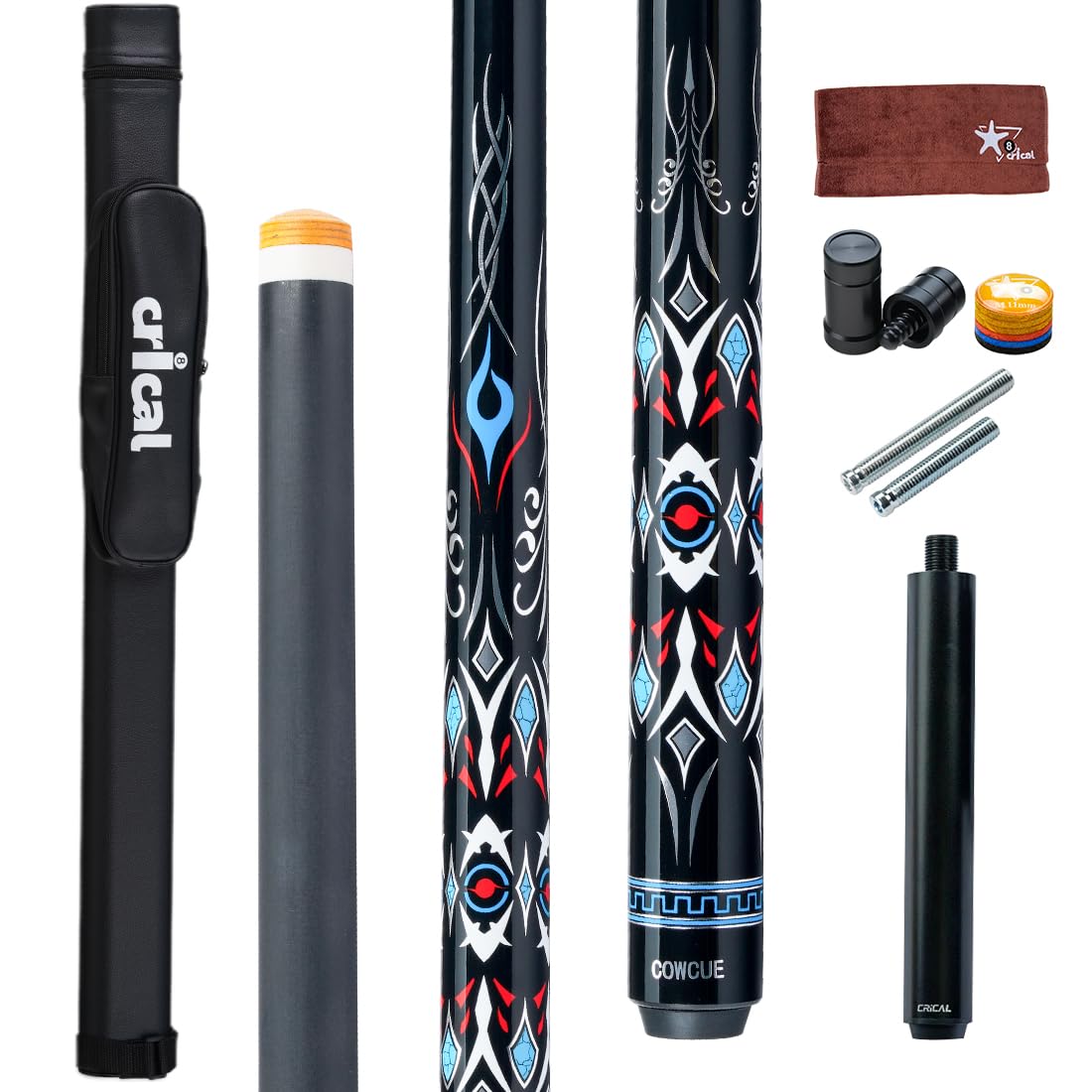 CRICAL COWCUE Carbon Fiber Pool Cue Stick 58" Billiard Cue Sticks Professional Low Deflection Pool Sticks Set with 3/8 * 8 Pin Joint and 12.5mm Tip