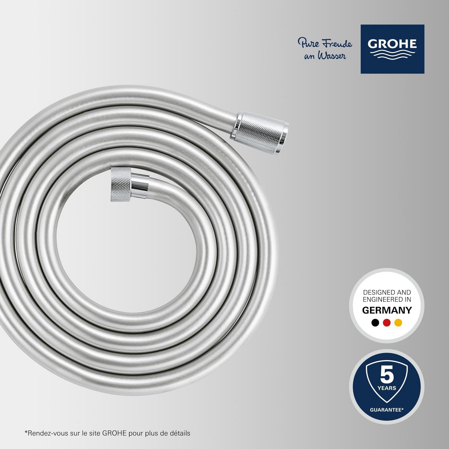 GROHE Flexible tuyau de douche salle de bains VitalioFlex Silver, tuyau de douche 2000mm, anti-pliures, finition brillante, raccord fileté universel 1/2", chromé, 27507001 (Import Allemagne)