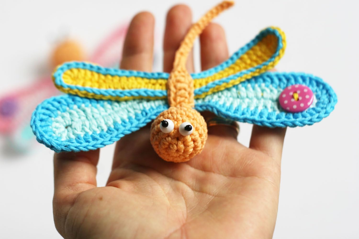 WhimsiFly Enchanting Crochet Dragonfly 3D Crochet Applique, Wings 5.6 inch Wide, 1 Piece (Pink-Mint)