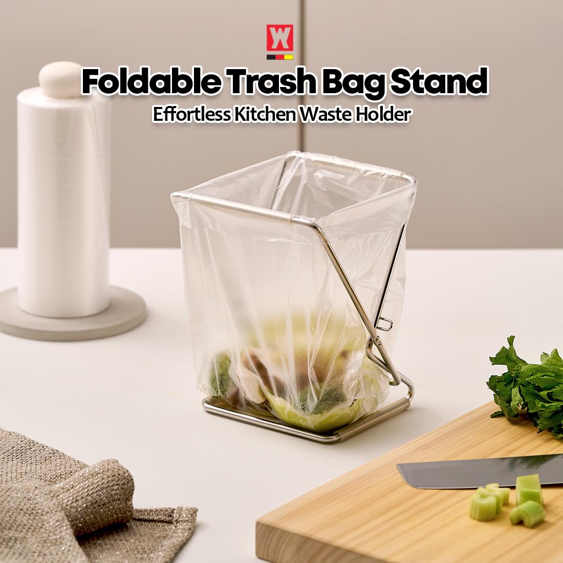 WAGENSTEIGER Foldable Stainless Steel Trash Bag Holder 13×17cm (5.12" × 6.69") Compact Countertop Waste Stand for Kitchen Food Prep, Desktop Use & Camping | Easy-Fold Space-Saving Bag Frame image 2