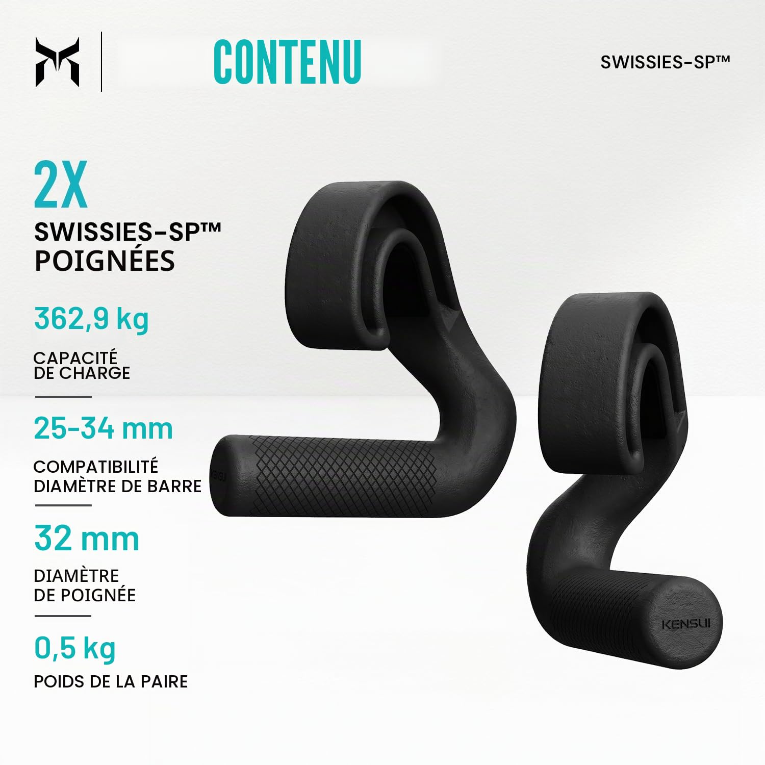 Kensui Swissies45 Poignée coudée pour barre de traction, haltères et bandes de résistance