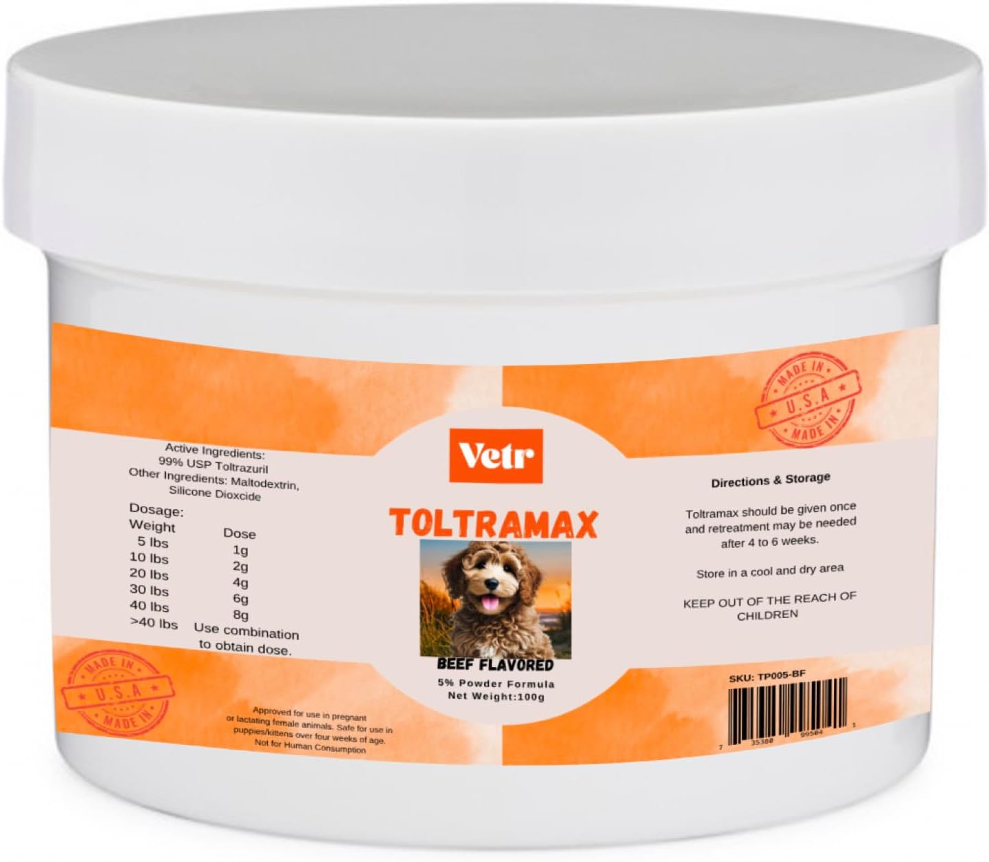 Vetr’s Toltramax Toltrazuril Powder for Horses, Dogs, Cats, 100g (5.0%, Beef)