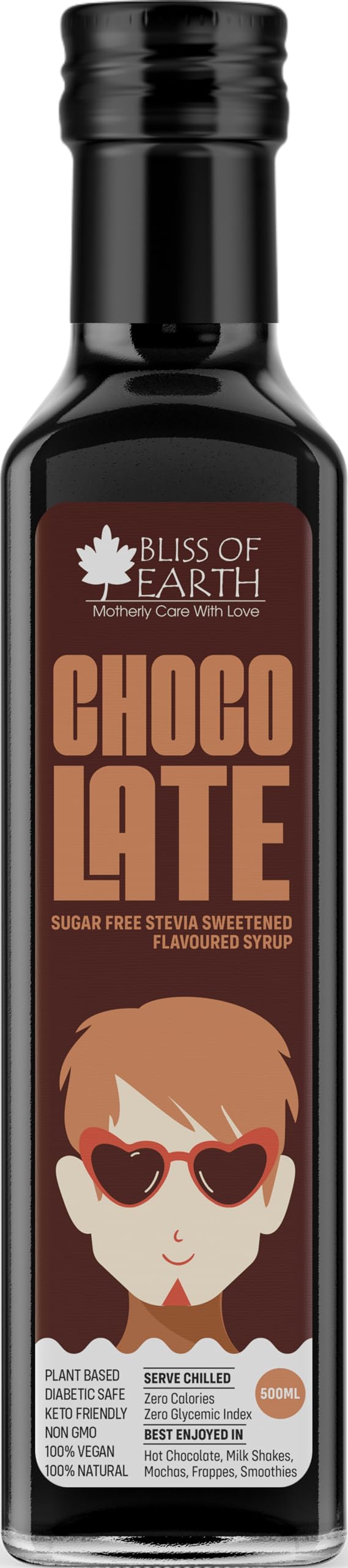 BLISS OF EARTHSugar Free Chocolate Syrup For Coffee, Milk Shake & Kids, Zero Sugar Stevia Sweet, Diabetic Safe, Zero Calorie, 500ml