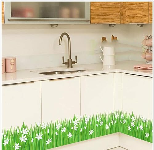 BIBITIME Calcomanía de vinilo con borde de pared de flores blancas de hierba verde, despegar y pegar, murales de PVC para sala de estar, cocina,